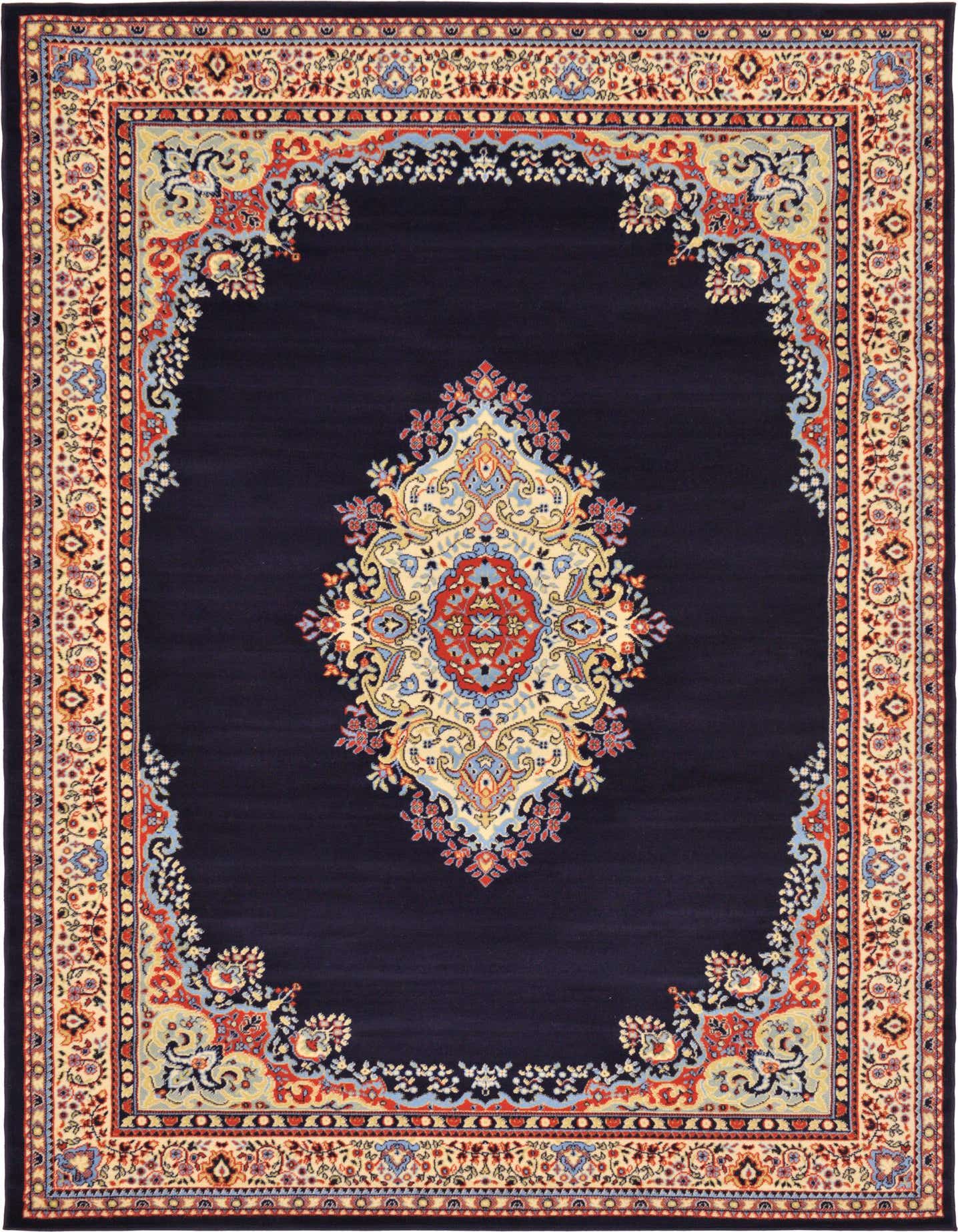 A 7x10 rectangular navy blue traditional rug with a central medallion and ornate border in red, cream, and light blue.