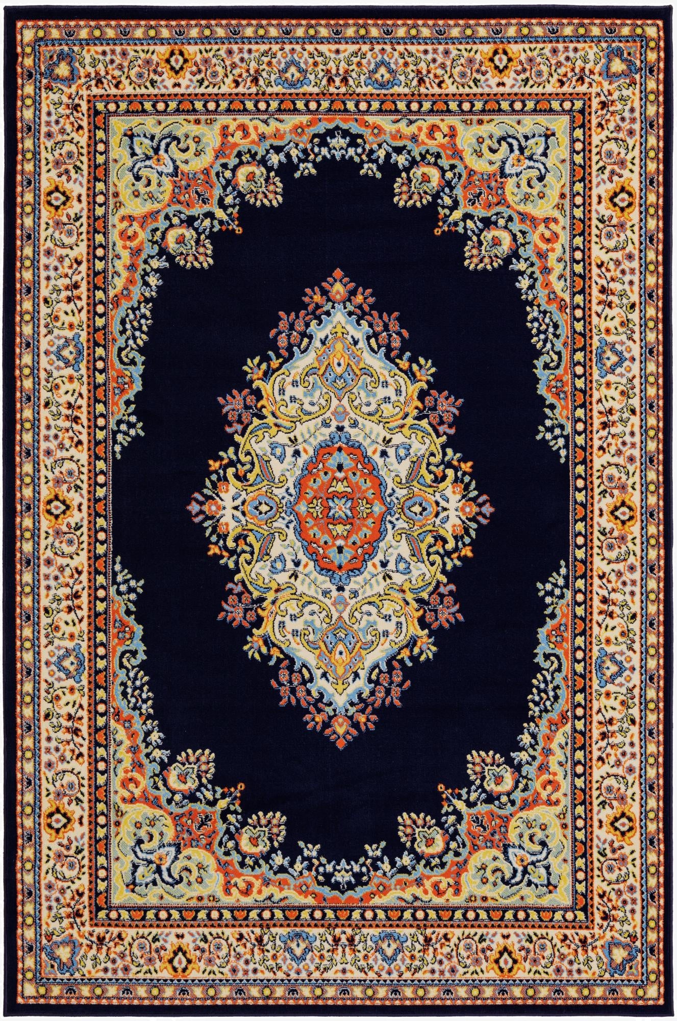 A 6x9 rectangular navy blue traditional rug with an ornate central medallion and intricate floral border.