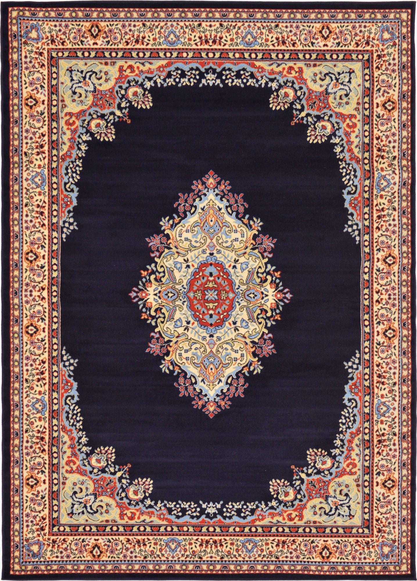 A 7x10 rectangular navy blue traditional rug with a central medallion and ornate border in red, cream, and light blue.