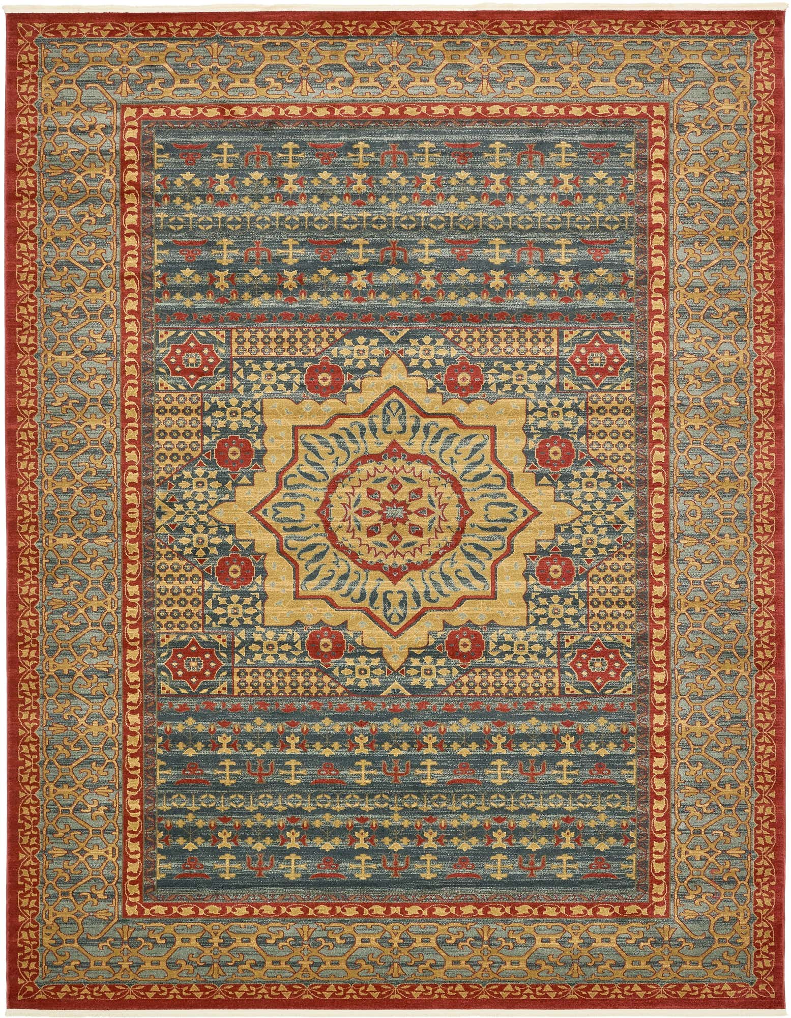 A large rectangular Amina Palace rug featuring a traditional medallion design in blue, gold, and red, suitable for a living room or bedroom.