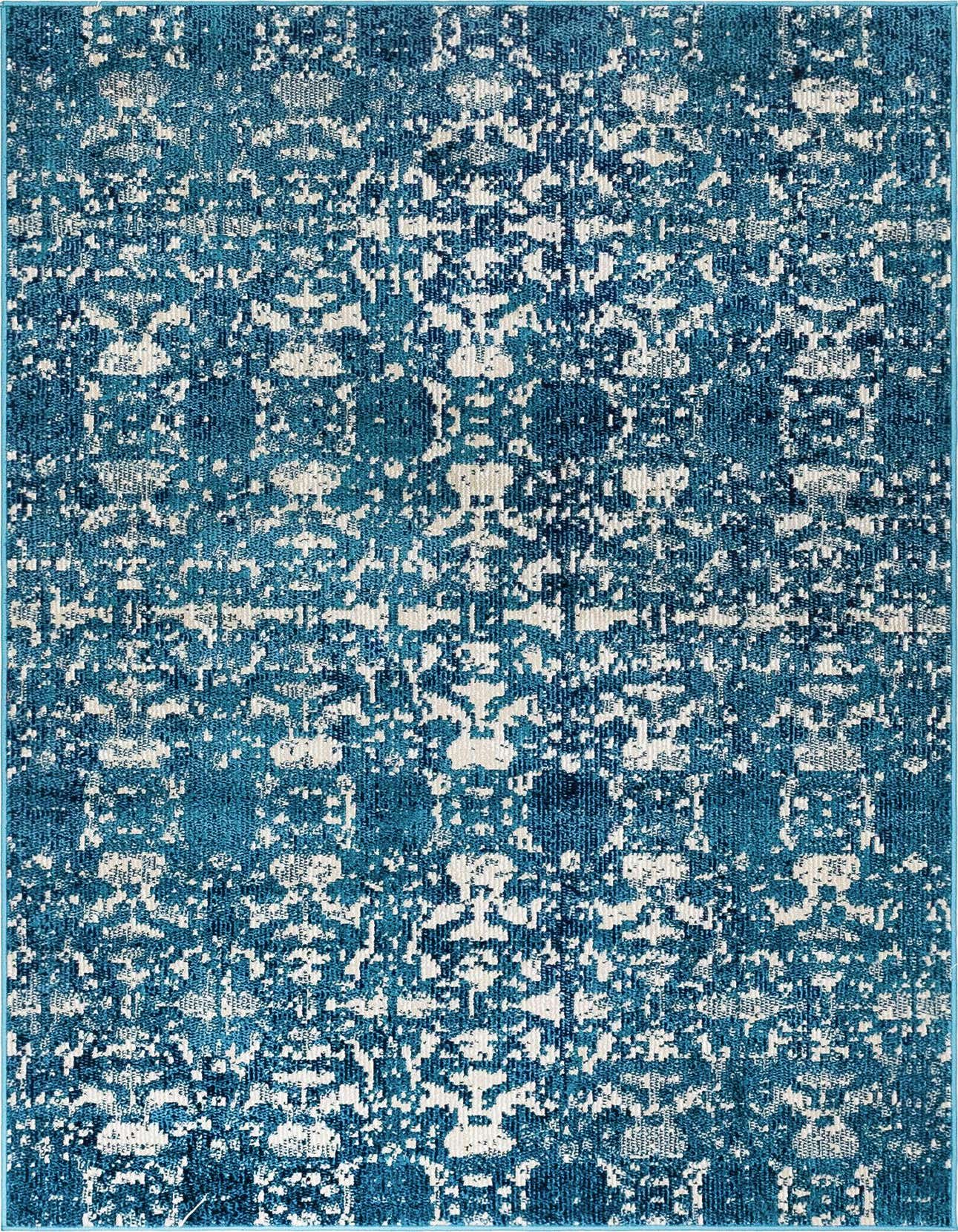 A 4x6 rectangular Amulet rug featuring a distressed bohemian medallion pattern in varying shades of blue and white.