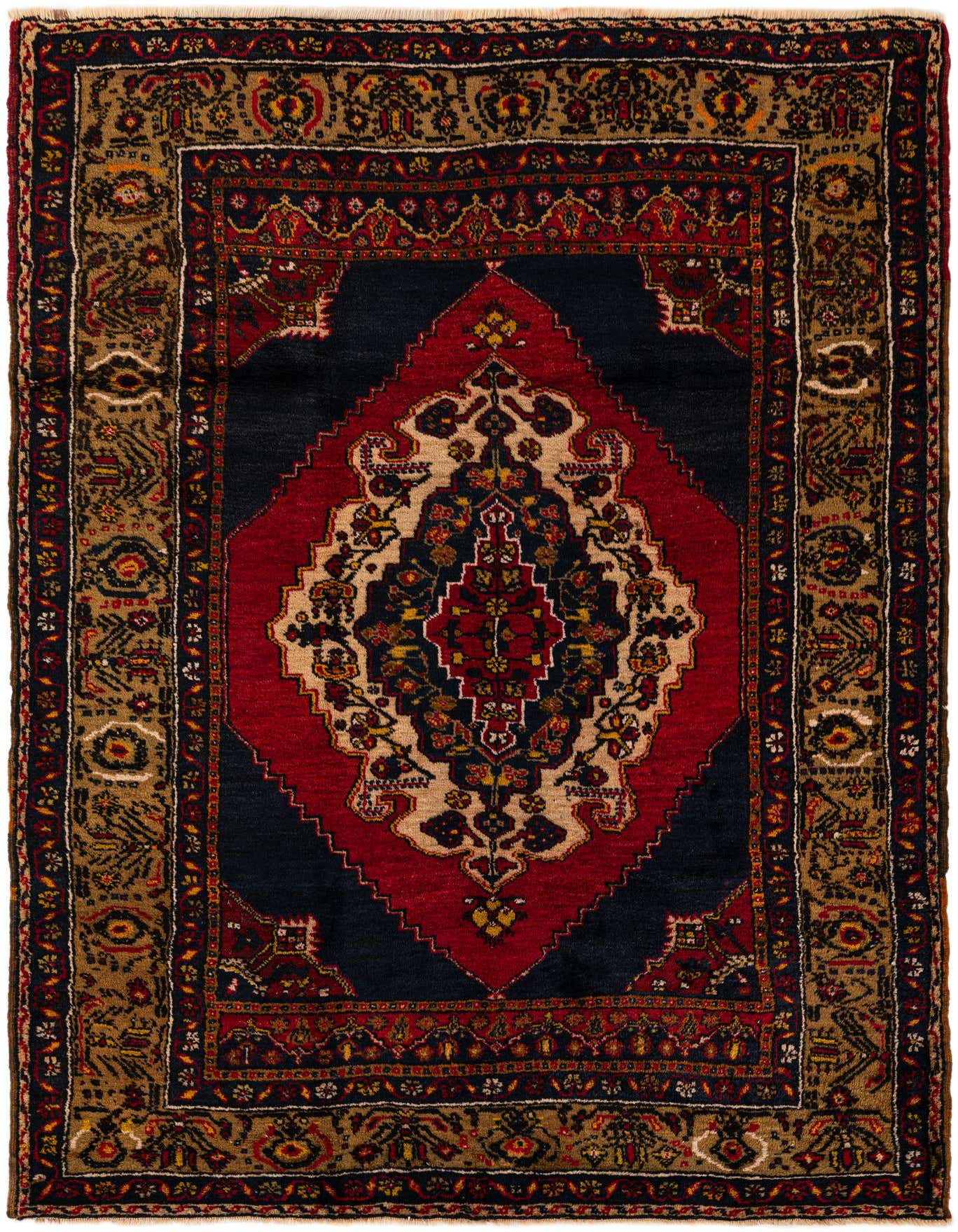 A 4x6 rectangular Anatolian rug featuring a traditional Oriental medallion pattern in navy blue, red, and beige.
