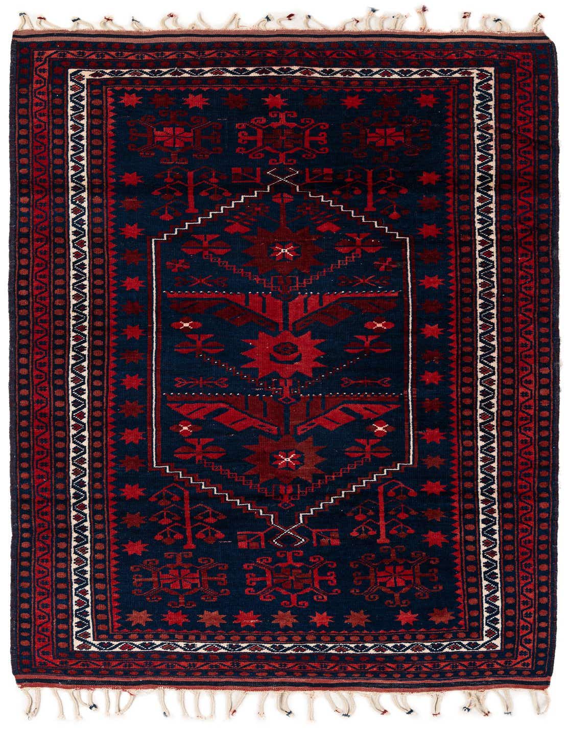 A 4x6 rectangular Anatolian wool rug featuring a traditional Oriental pattern in deep navy blue and rich red tones.
