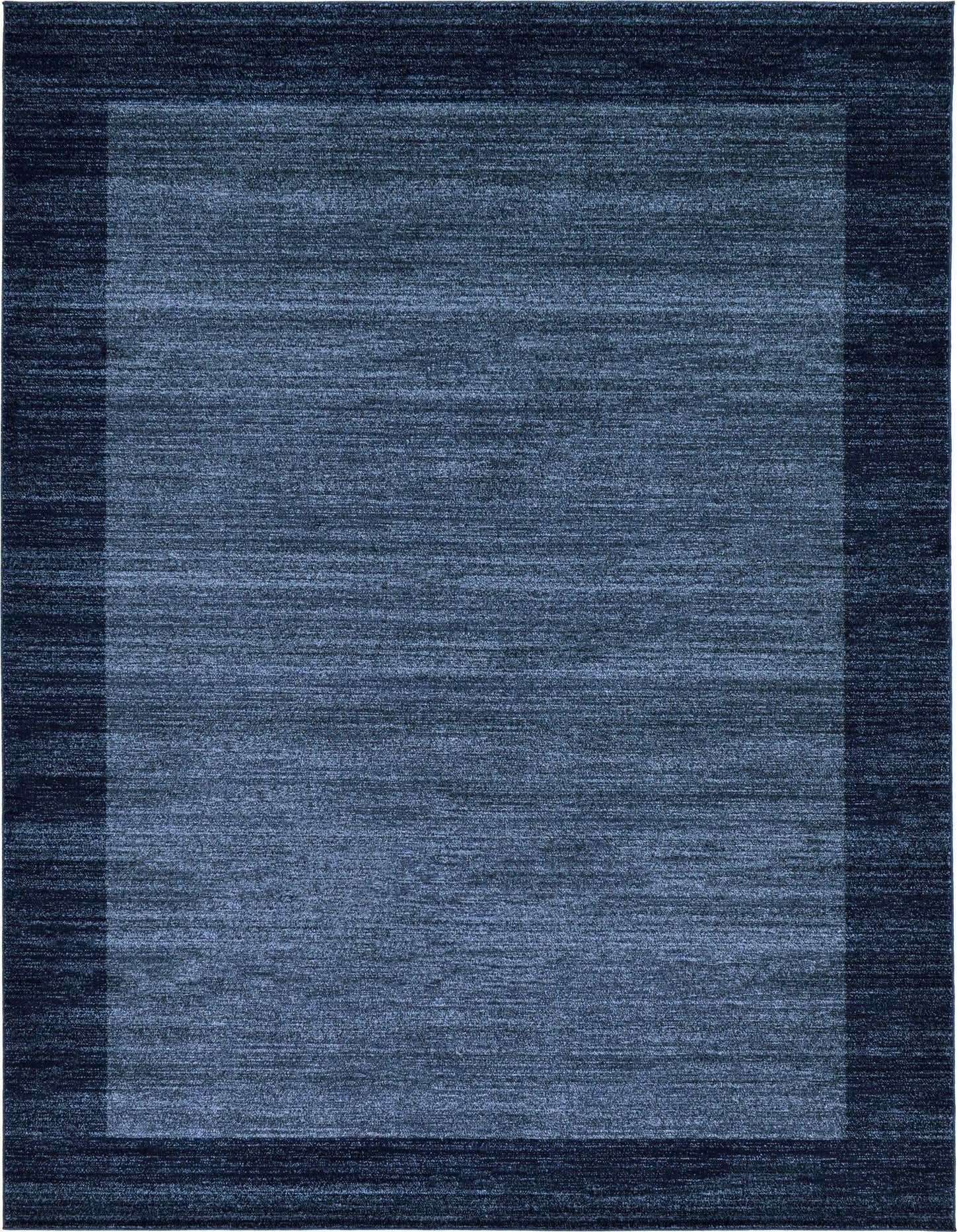 An 8x11 rectangular navy blue area rug with a subtle border, featuring a textured, solid contemporary design.