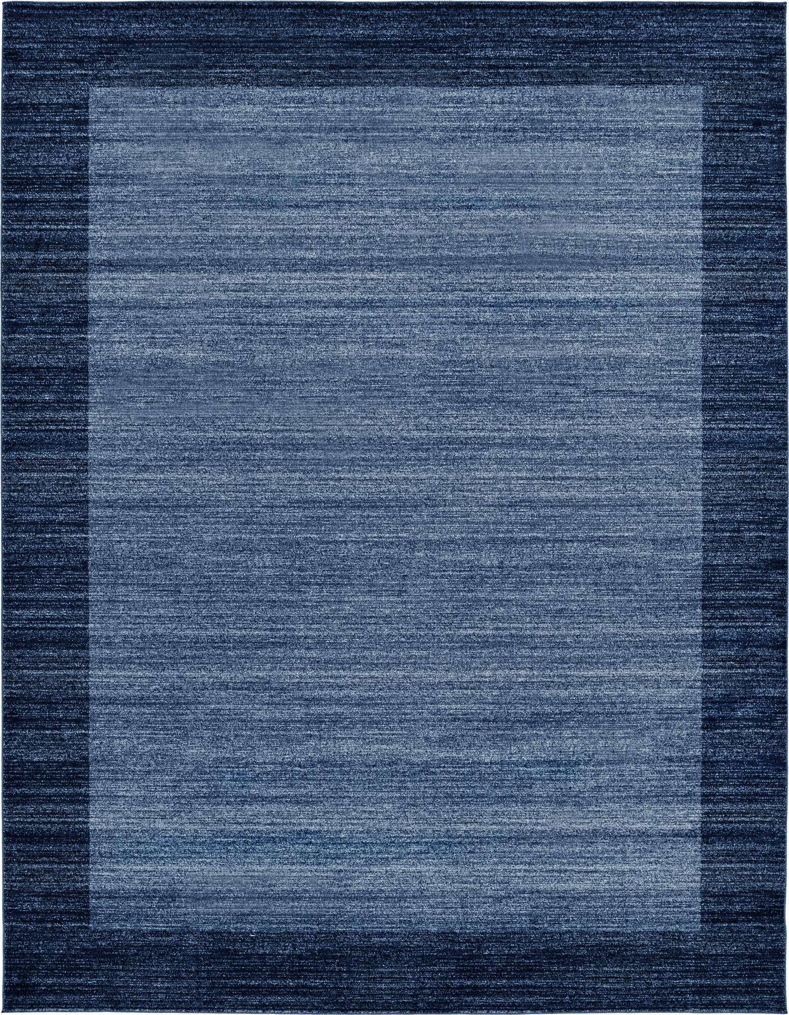 A 10x13 rectangular navy blue area rug with a subtle border, featuring a contemporary solid design.