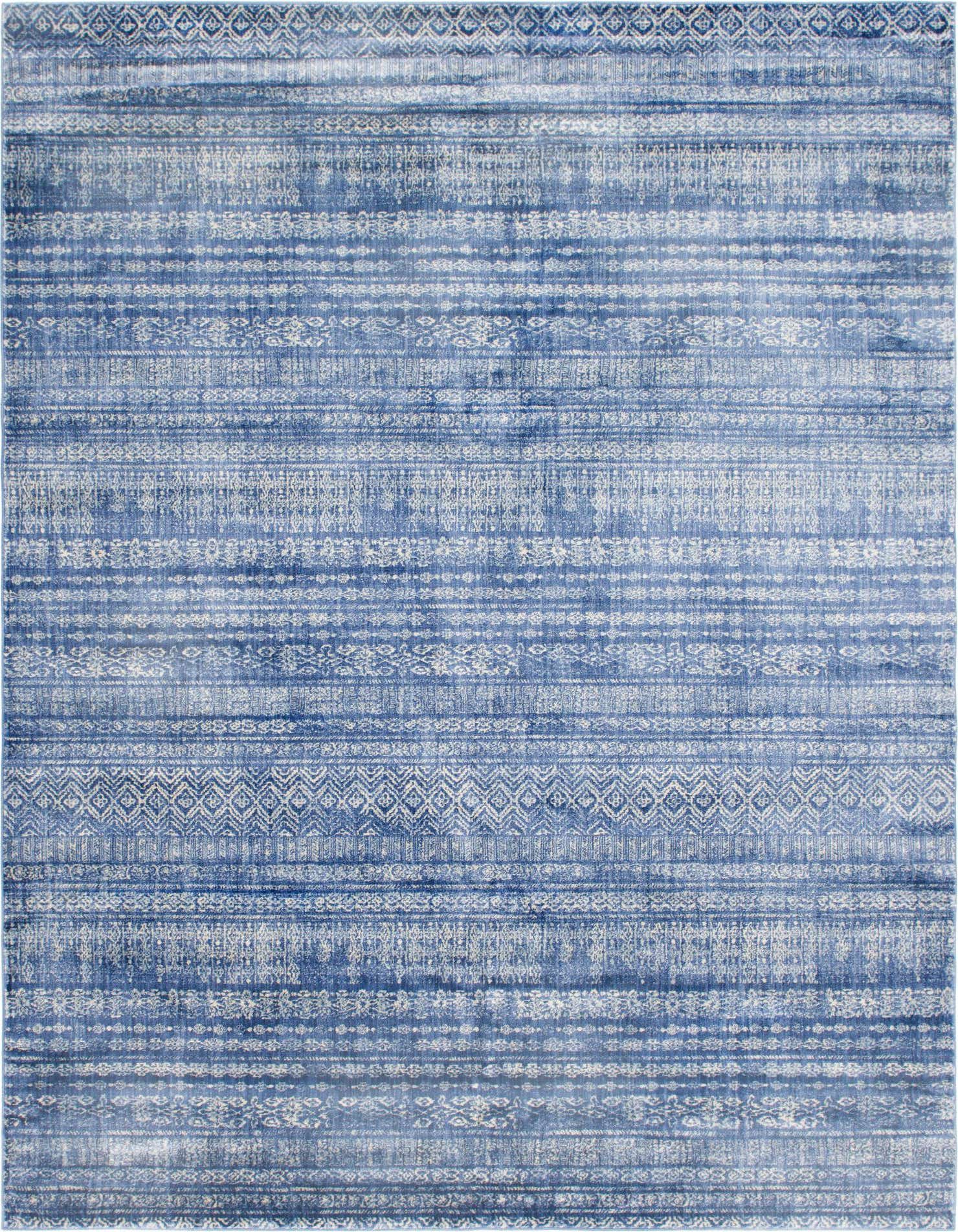 A 9x12 rectangular Apollo rug in varying shades of blue, featuring a bohemian striped pattern with intricate details.