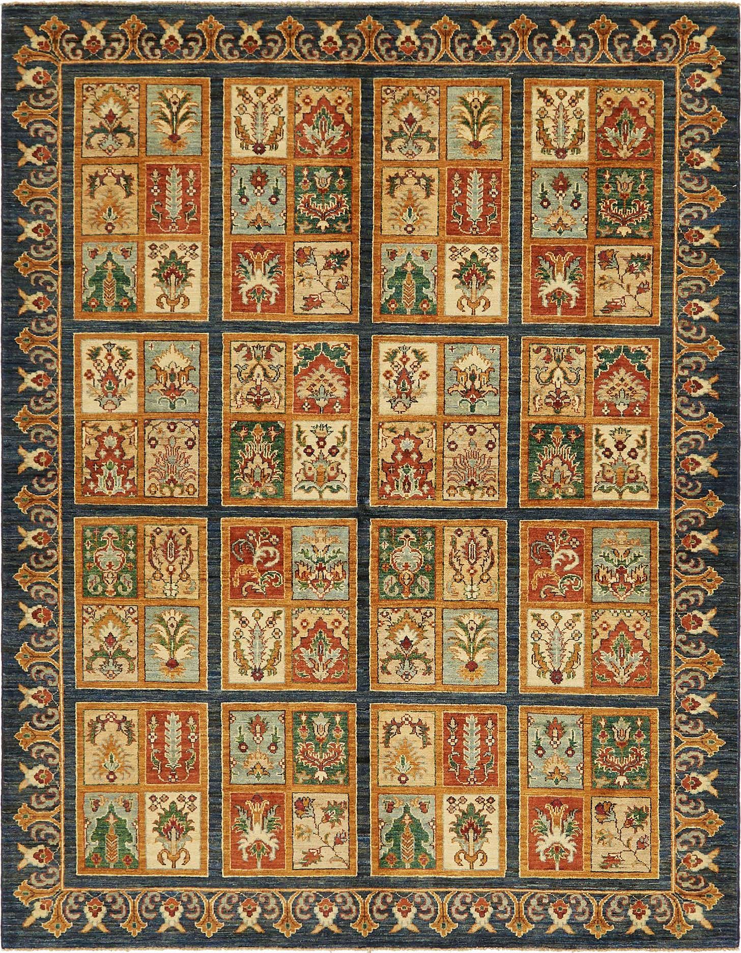 A 6x9 rectangular Ariana Ziegler rug featuring a rich navy blue border with intricate gold and red tribal motifs, surrounding a central field of diverse floral and medallion patterns within individual squares of varying colors like red, green, and beige.