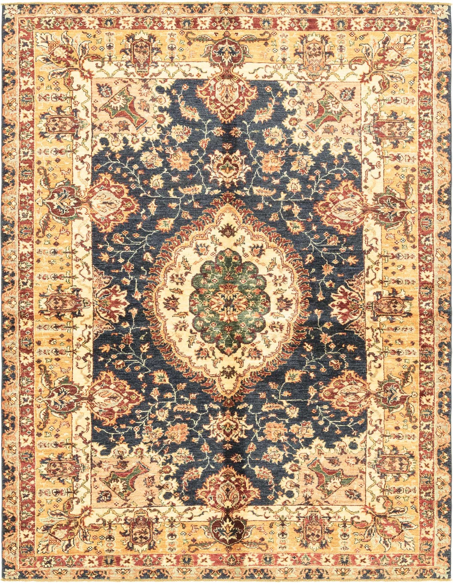 A 6x9 rectangular Ariana Ziegler rug featuring a rich navy blue field with intricate botanical and floral patterns, bordered by a detailed gold and cream design.