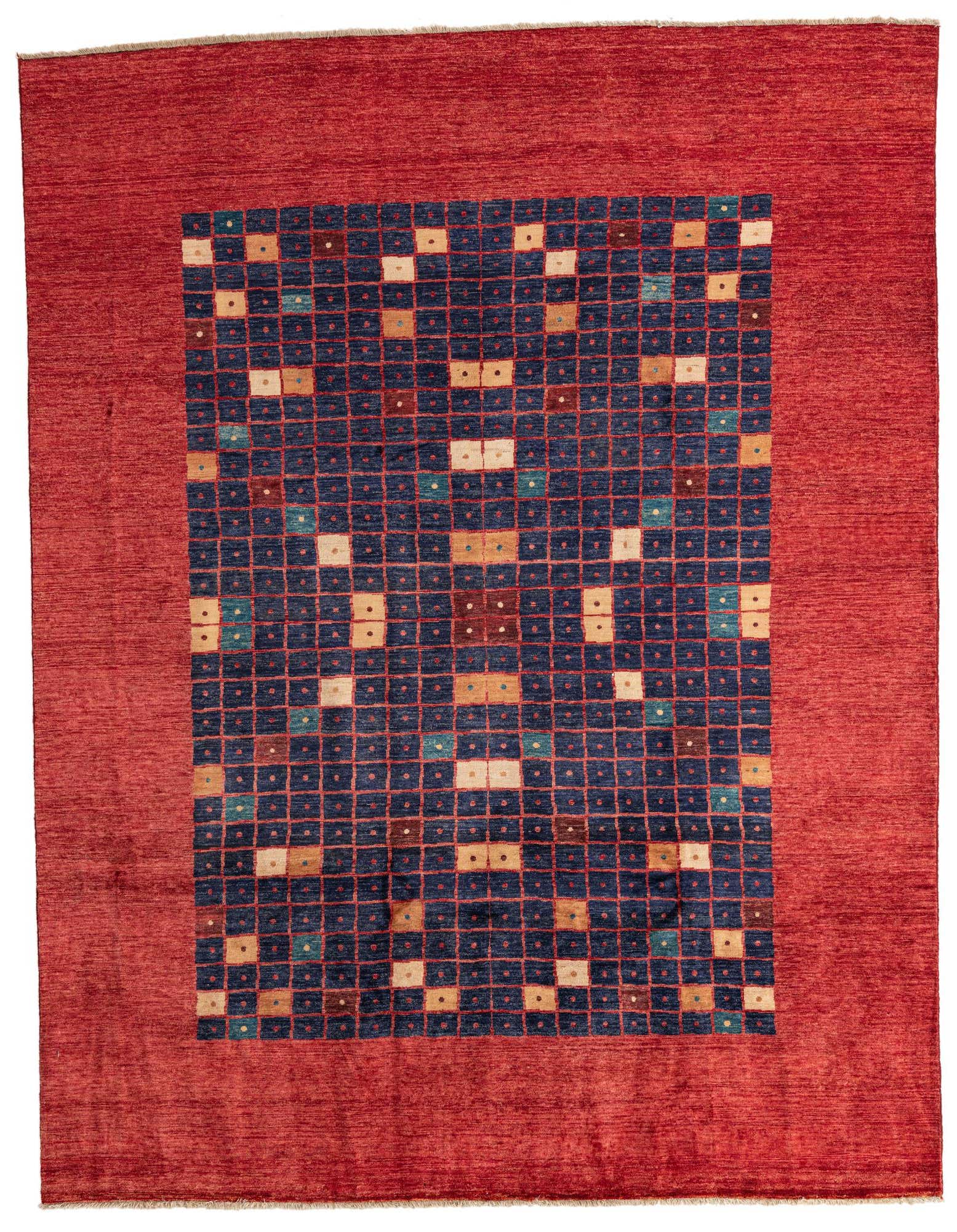 An 8x10 rectangular Ariana Ziegler rug featuring a deep red border and a navy blue center with a grid of small, colorful squares.