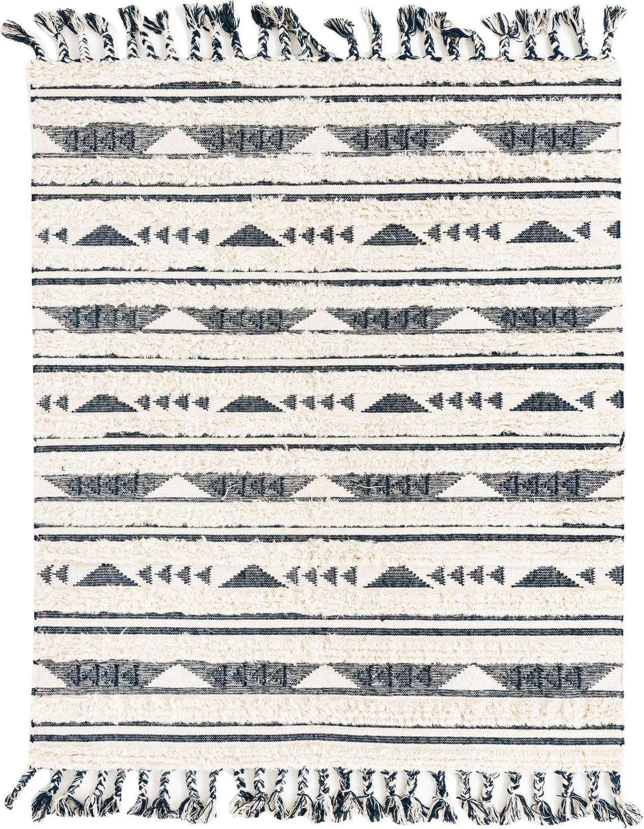 A 6x9 rectangular Arizona rug featuring a tribal bohemian pattern in cream and navy blue with tassels.