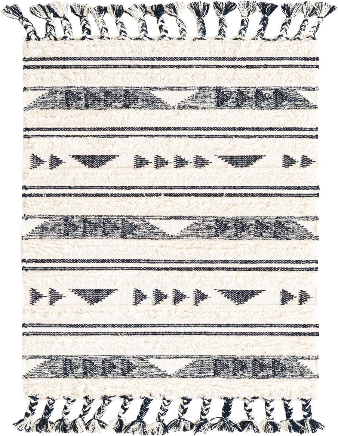 A 3x5 rectangular tribal rug in navy blue and cream, featuring textured shag stripes and braided tassels.