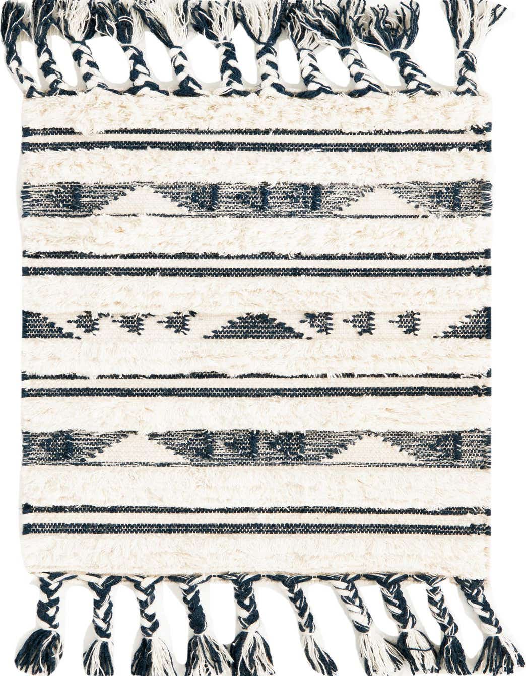 A 2x3 rectangular Arizona Collection rug featuring a cream background with navy blue tribal patterns, stripes, and braided tassels.