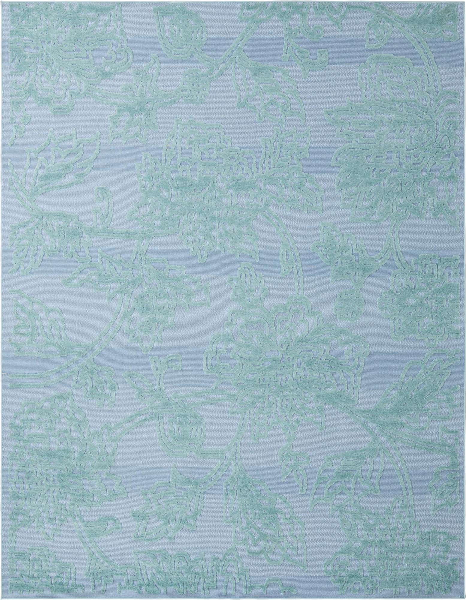 A 9x12 rectangular Aruba Outdoor rug featuring a modern botanical floral pattern in varying shades of blue, ideal for indoor or outdoor spaces.