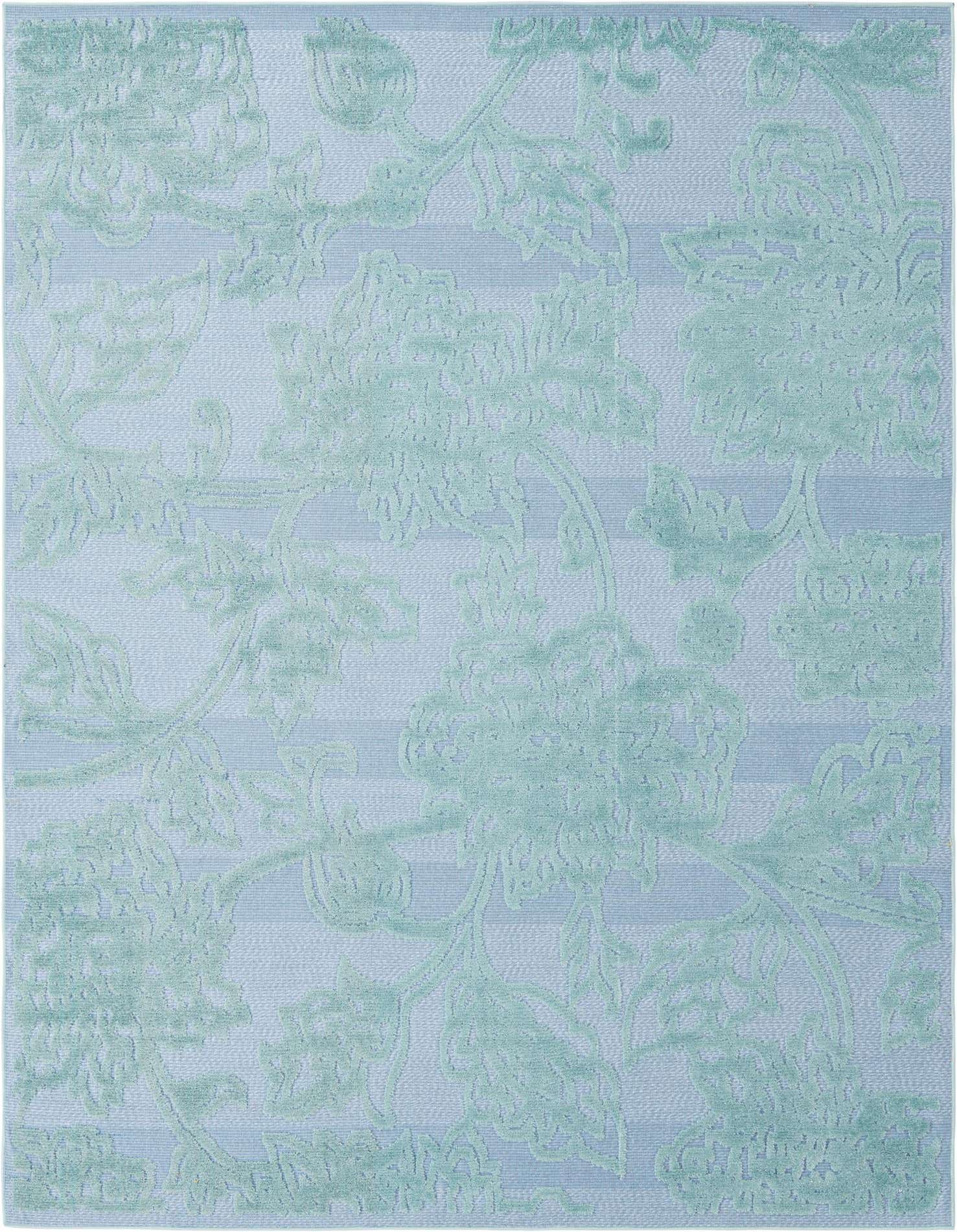 A 7x10 rectangular Aruba Outdoor rug in shades of blue with a textured botanical floral pattern, suitable for indoor or outdoor use.
