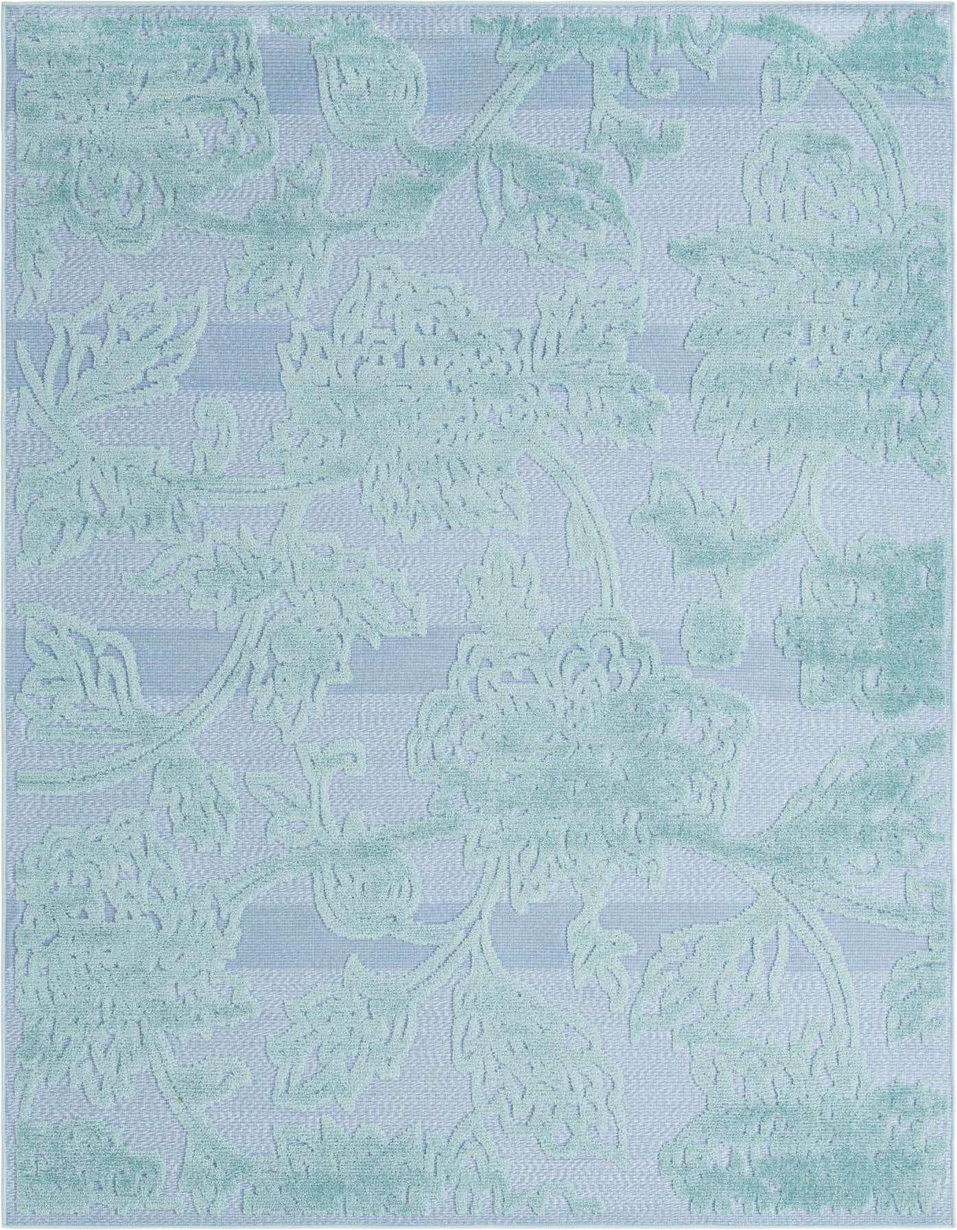 A 6x9 rectangular Aruba Outdoor rug in varying shades of blue, featuring a raised botanical floral pattern on a striped background, suitable for indoor or outdoor spaces.