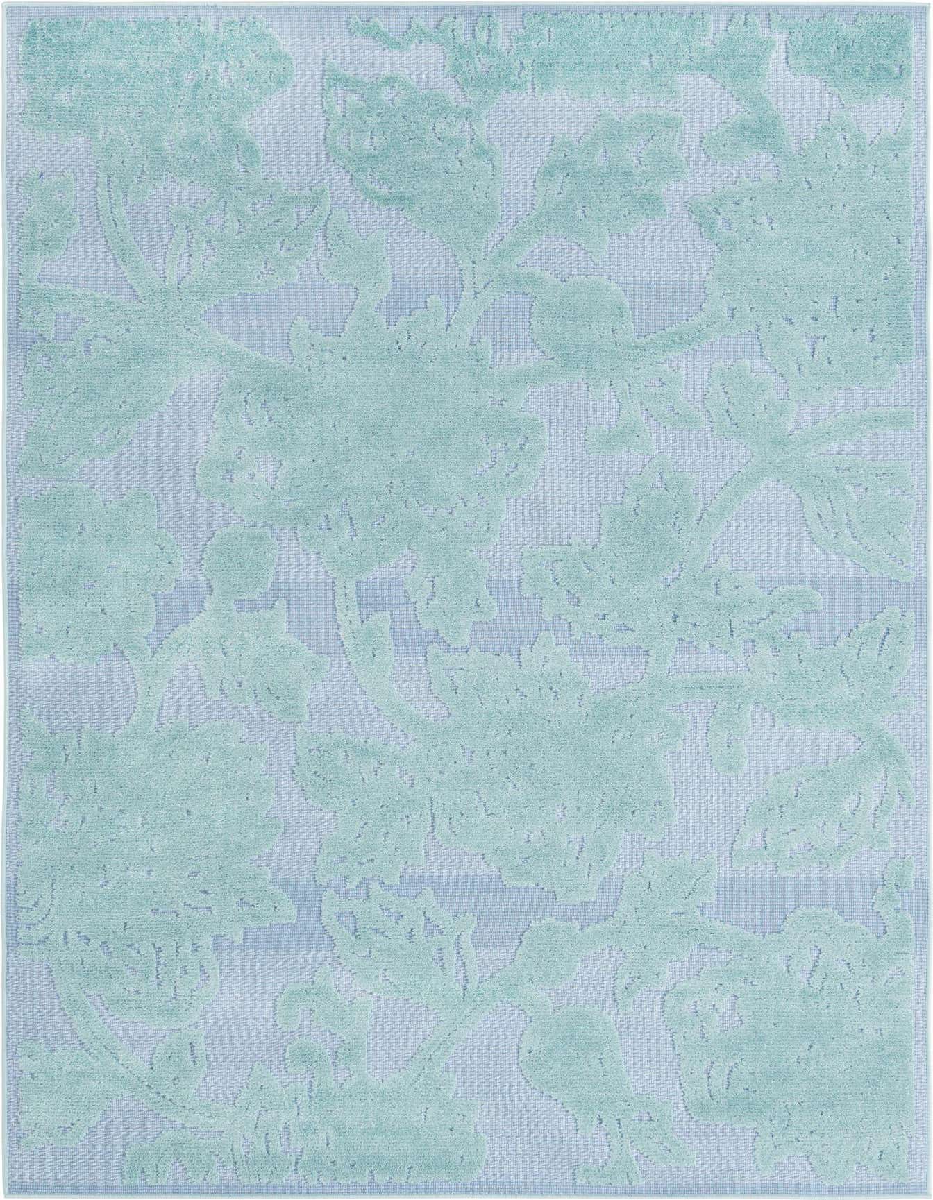 A 5x8 rectangular indoor/outdoor rug featuring a raised botanical pattern in varying shades of blue, ideal for a living room or patio.