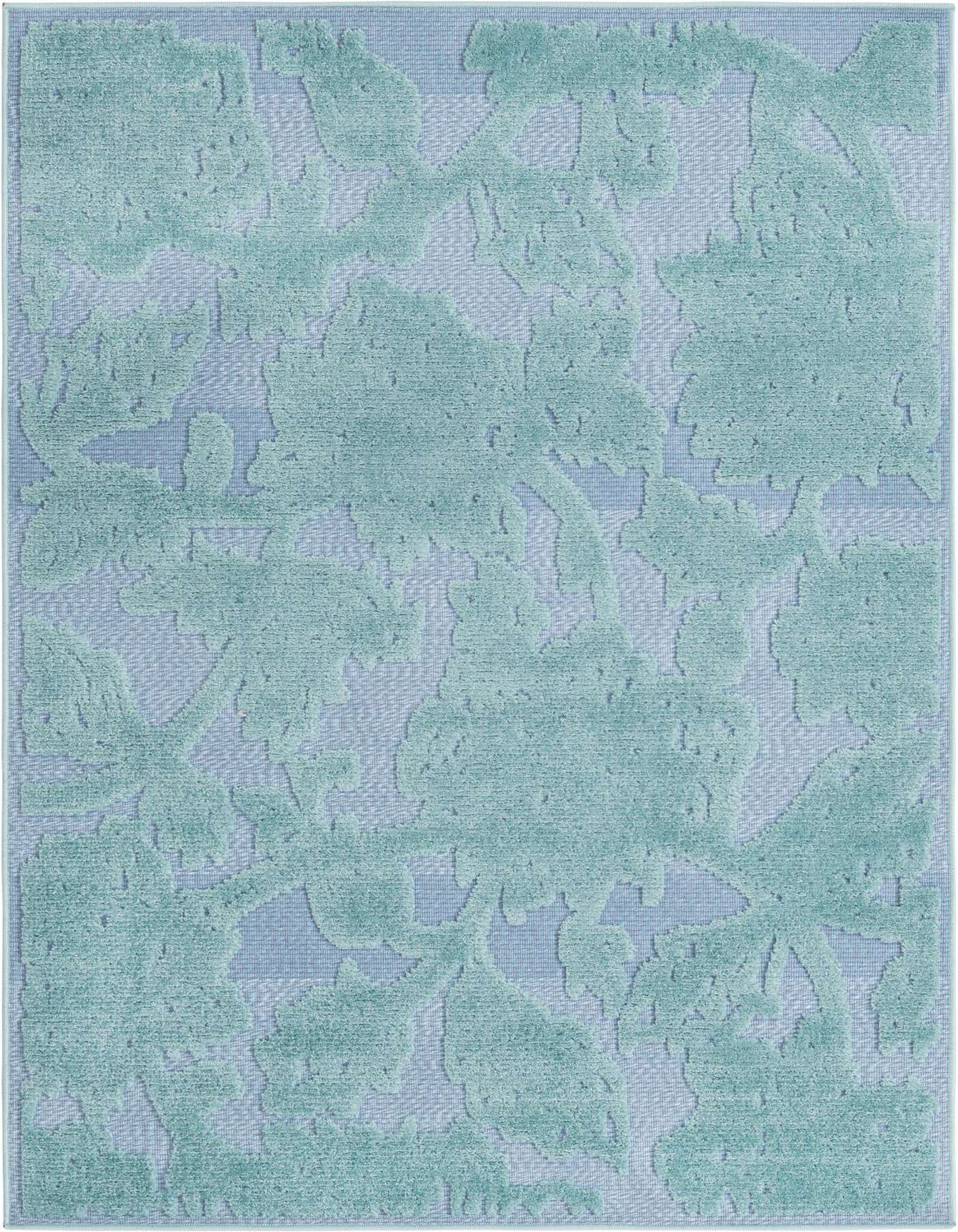 A 4x6 rectangular indoor/outdoor rug featuring a modern botanical pattern in varying shades of blue, with a textured pile.