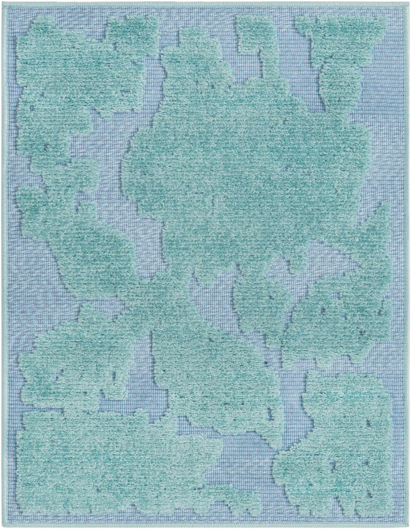 A 2x3 rectangular Aruba Outdoor rug featuring a modern botanical pattern in varying shades of blue, ideal for a patio.