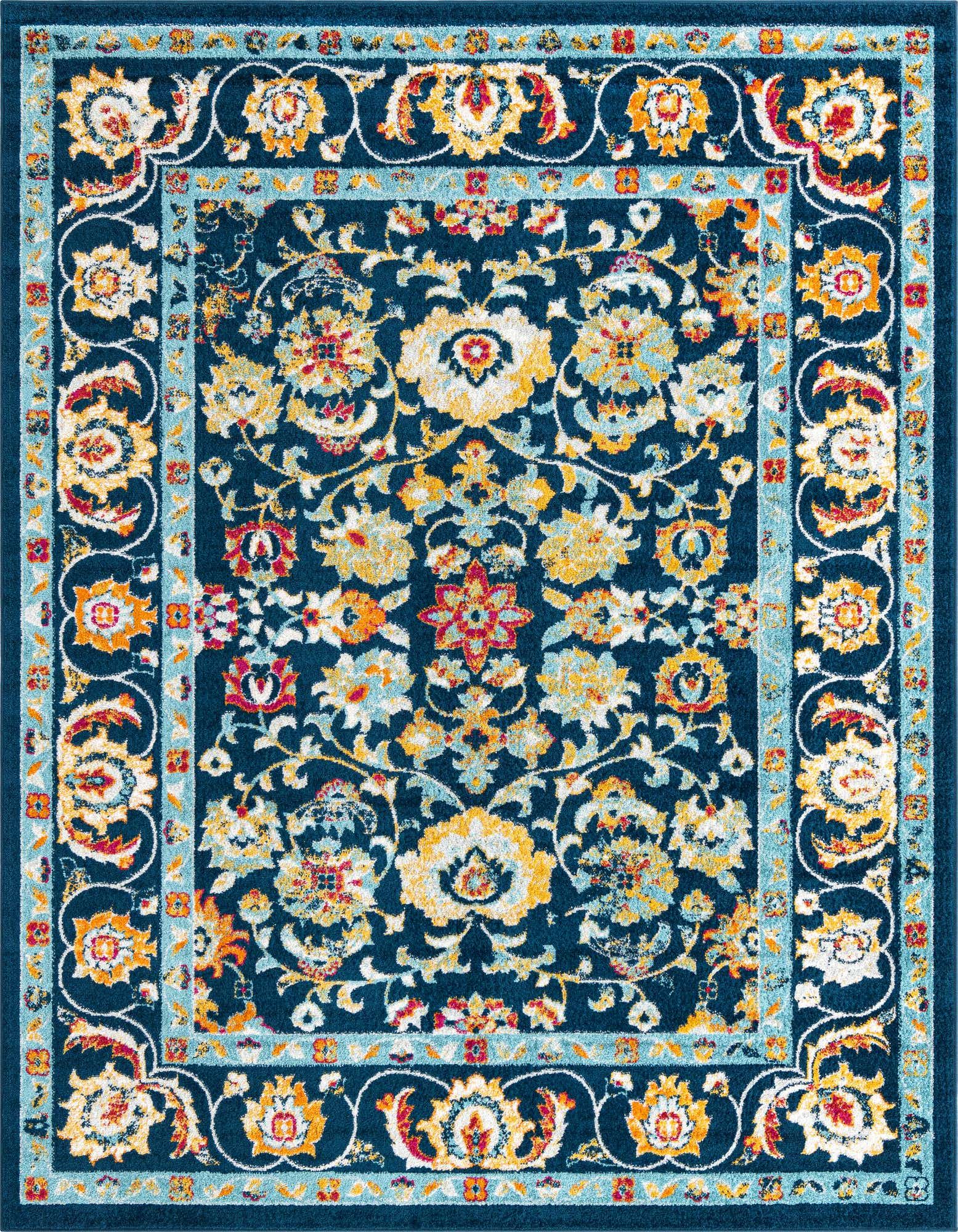 Aurelia 8x10 rectangular rug featuring a traditional floral pattern in shades of navy blue, gold, and red.