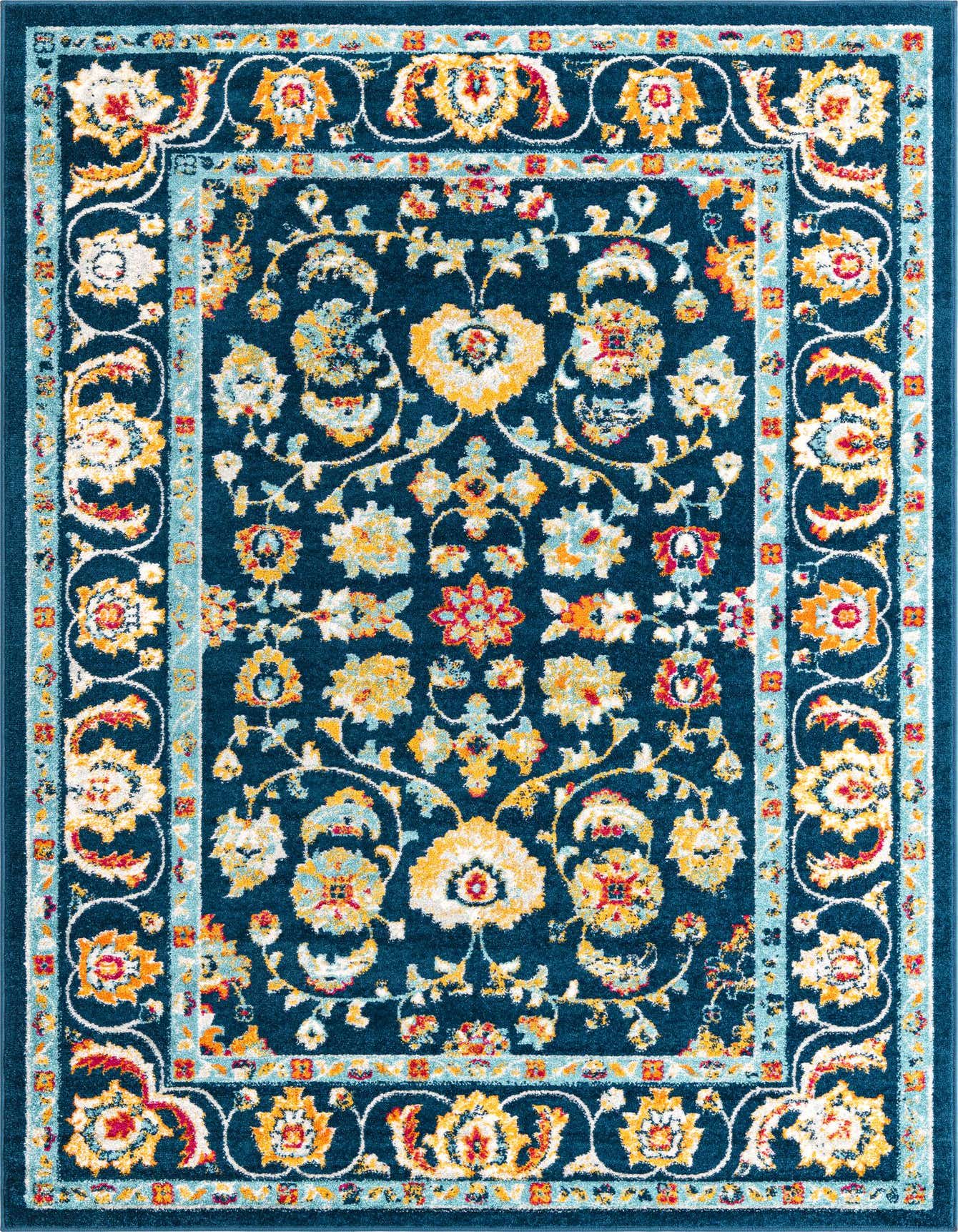 A 6x9 rectangular navy blue traditional rug with a vibrant botanical and floral pattern in yellow, orange, and light blue.