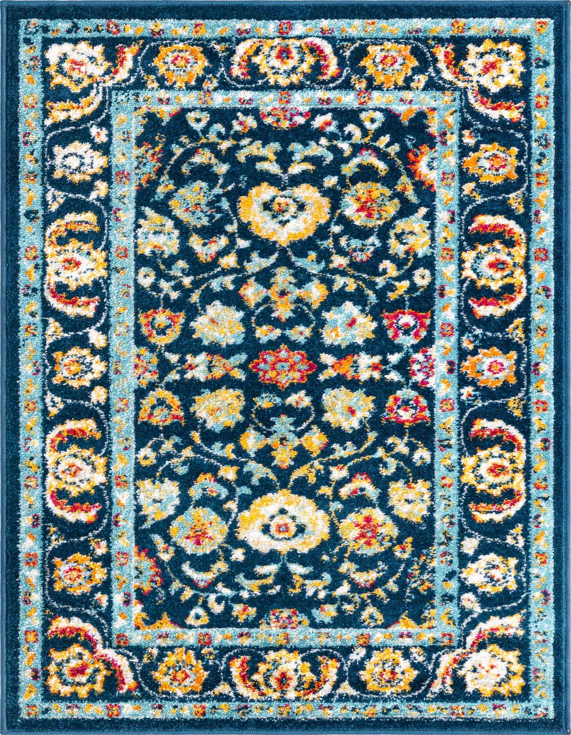 A 3x5 rectangular navy blue rug with a traditional floral and botanical pattern in yellow, white, red, and light blue.