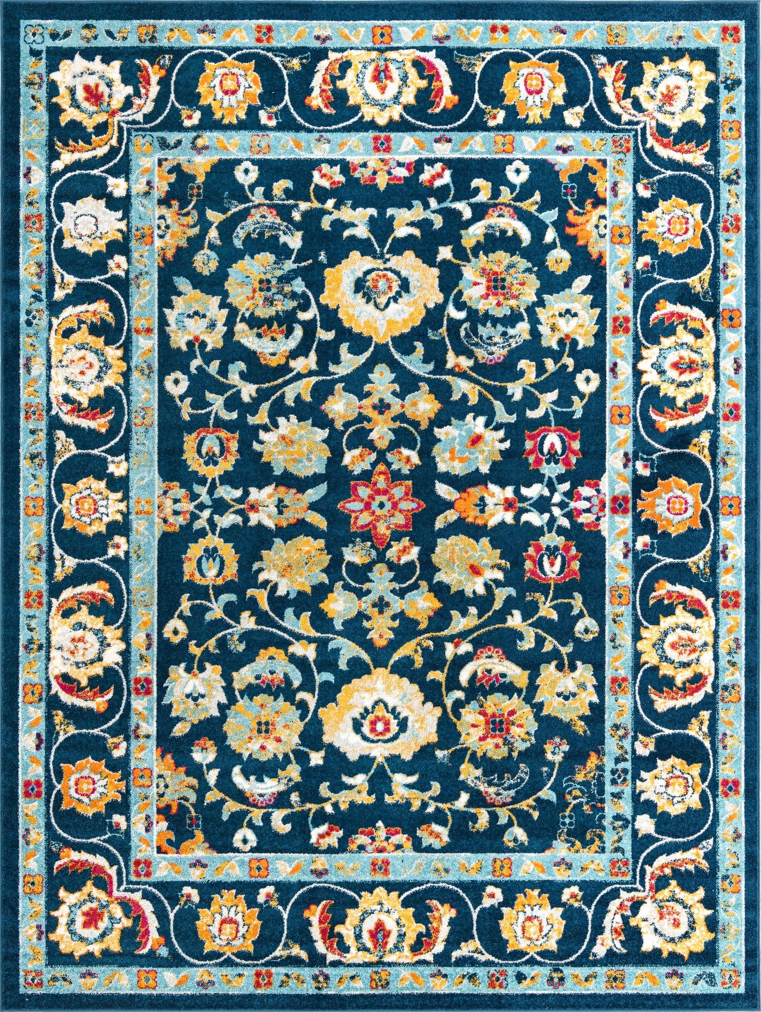 A 9x12 rectangular navy blue traditional rug with an intricate floral and botanical pattern in yellow, red, and light blue.