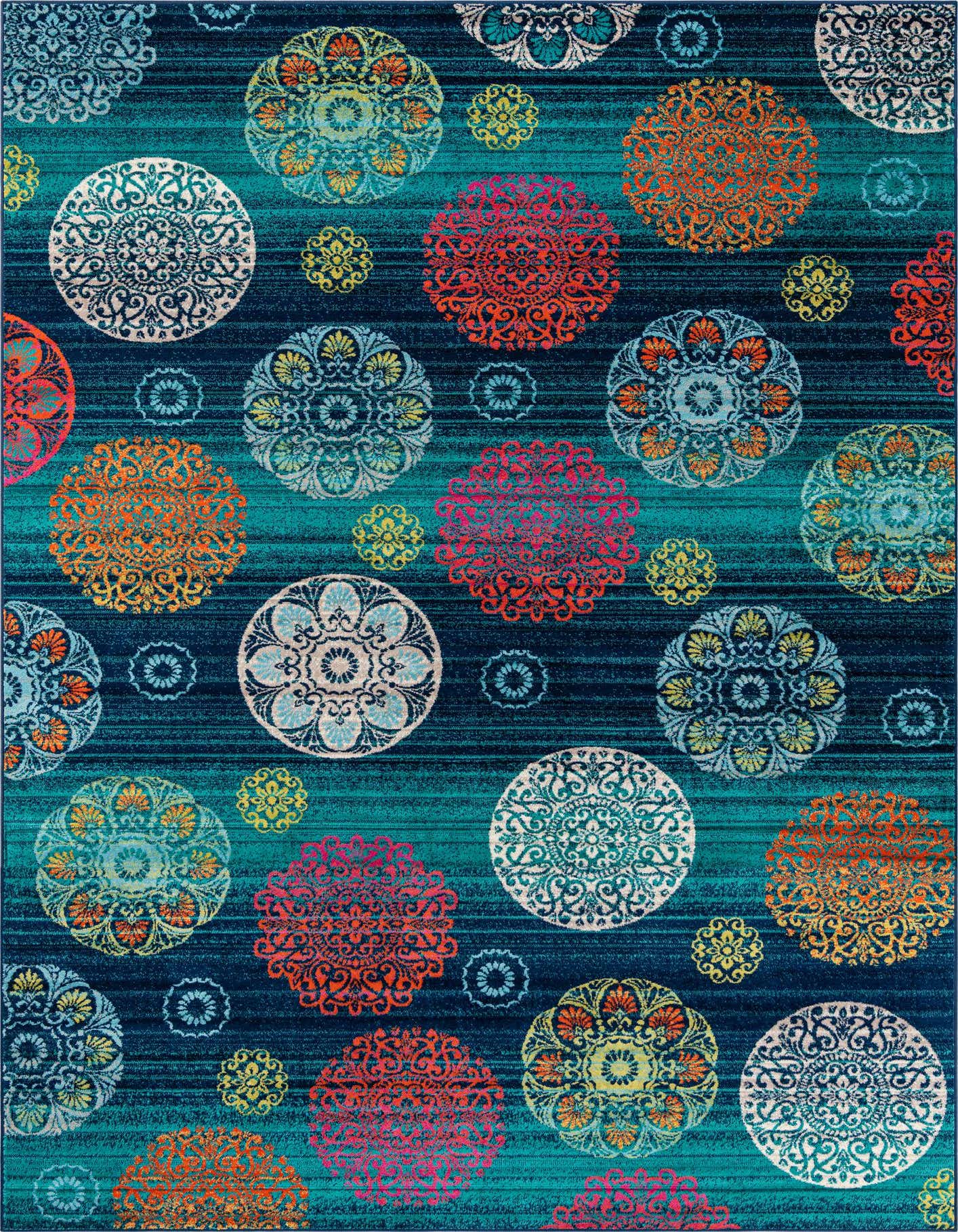 A 10x14 rectangular Azalea rug featuring a vibrant botanical medallion pattern in shades of blue, orange, pink, and yellow on a deep teal and navy blue background.