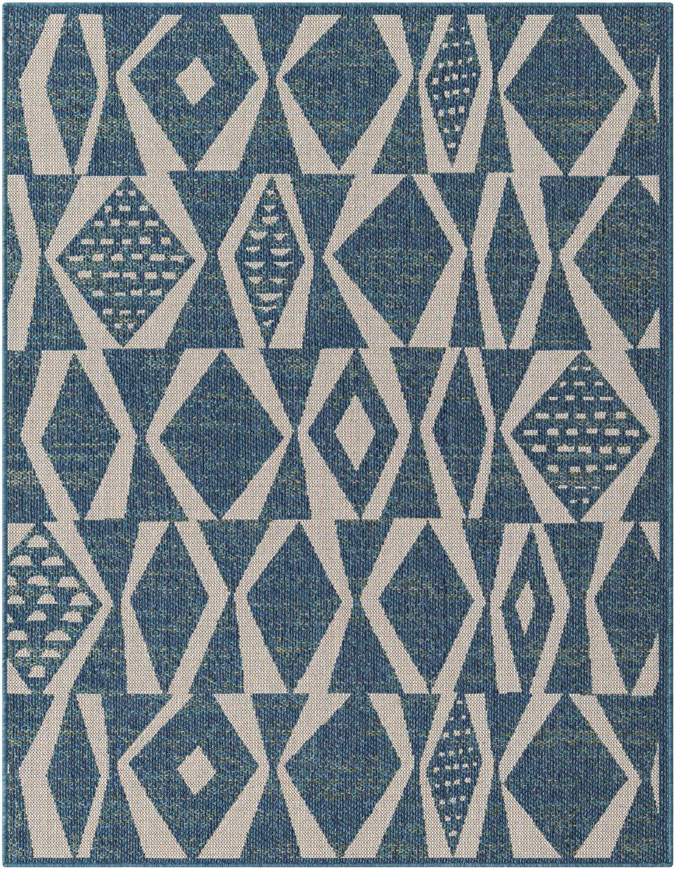 A 5x8 rectangular Baja Outdoor rug featuring a modern abstract pattern in shades of blue and cream.