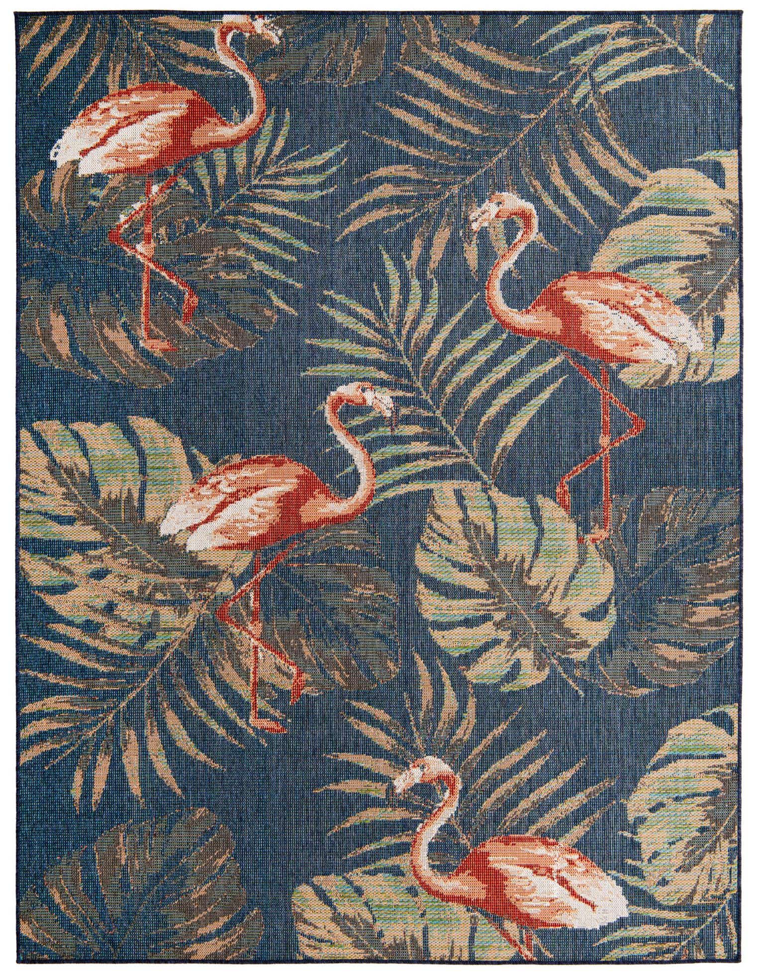 8x10 rectangular indoor/outdoor rug with a navy blue background, featuring a tropical pattern of pink flamingos and green and beige palm leaves.
