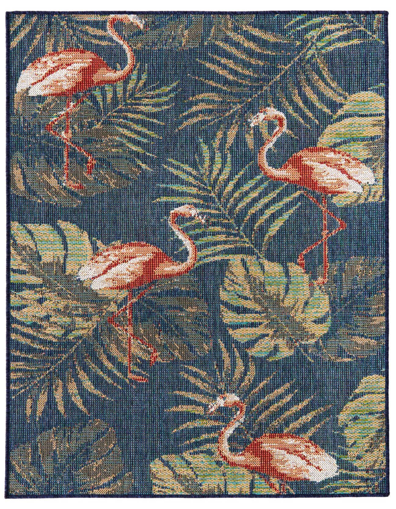 A 4x6 rectangular indoor/outdoor rug featuring a vibrant tropical pattern with pink flamingos and green and gold palm leaves on a navy blue background.