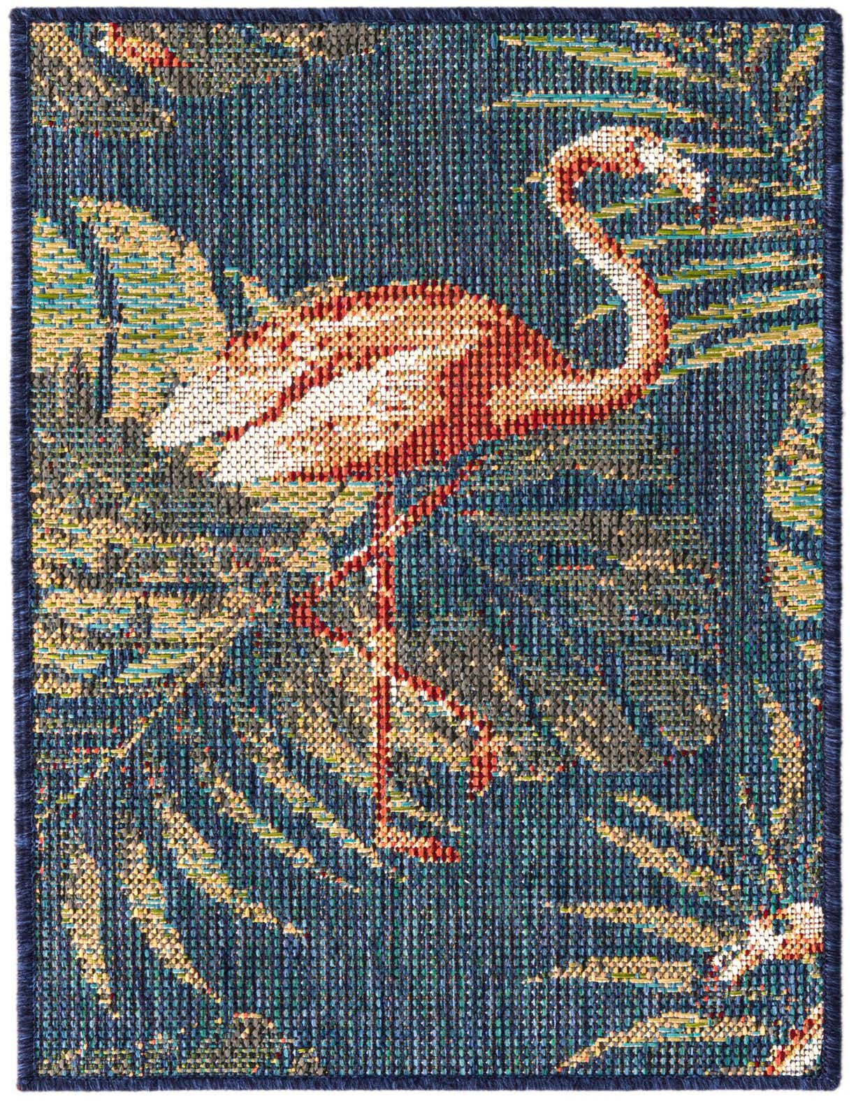 A 2x3 rectangular Baja Outdoor rug featuring a vibrant pink flamingo and tropical leaves on a rich navy blue background.