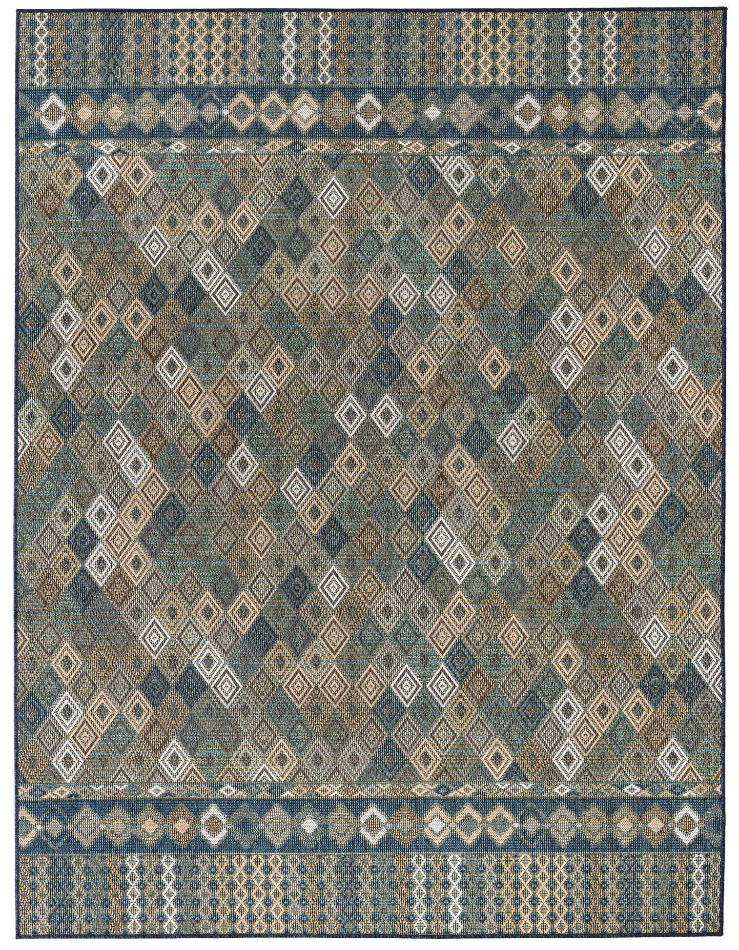 An 8x10 rectangular Baja Outdoor rug featuring a modern trellis pattern in shades of blue, beige, and white, suitable for indoor or outdoor use.