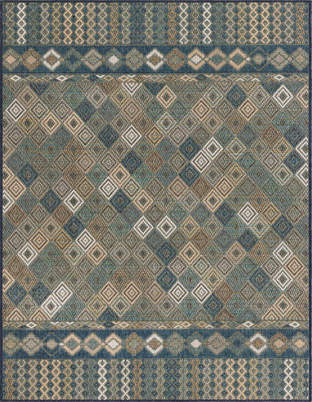 A 5x8 rectangular Baja Outdoor rug featuring a modern trellis pattern in shades of blue, teal, and beige.