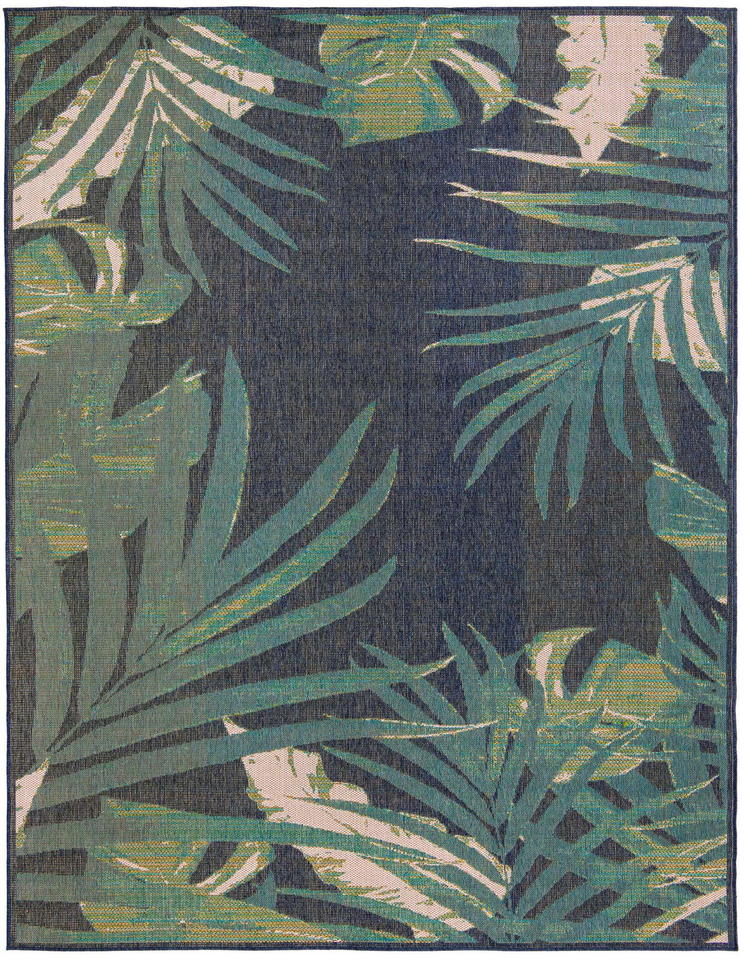 A 9x12 rectangular Baja Outdoor rug featuring a modern botanical pattern with large green and teal palm leaves on a navy blue background.