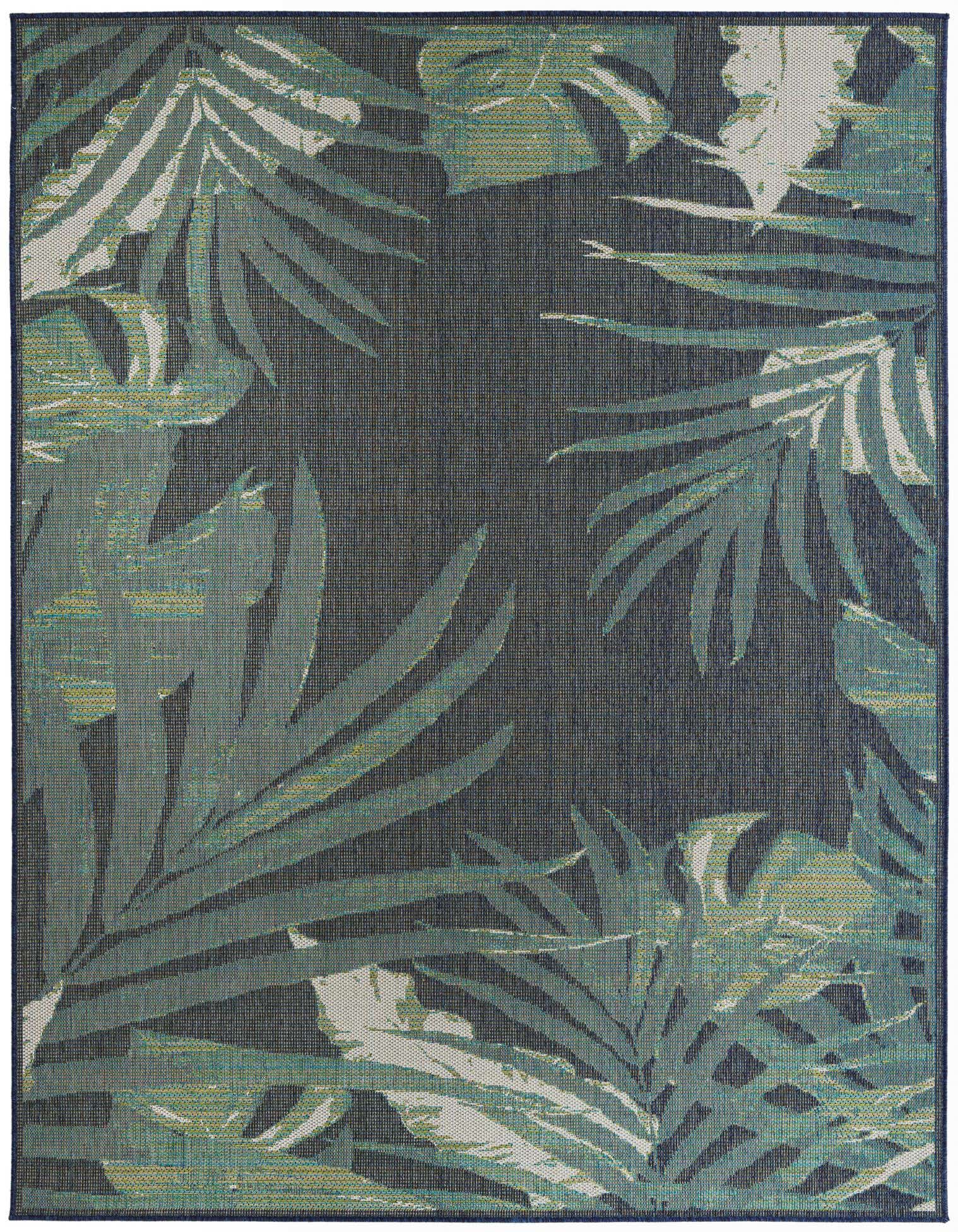 An 8x10 rectangular Baja Outdoor rug featuring a modern botanical pattern of large blue and green palm leaves on a dark blue background.