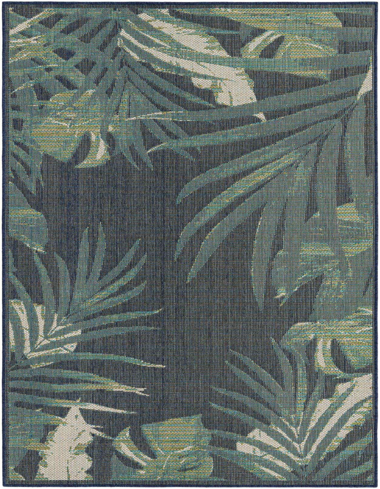 A 5x8 rectangular navy blue indoor/outdoor rug with a modern botanical pattern of large teal and light blue palm leaves.