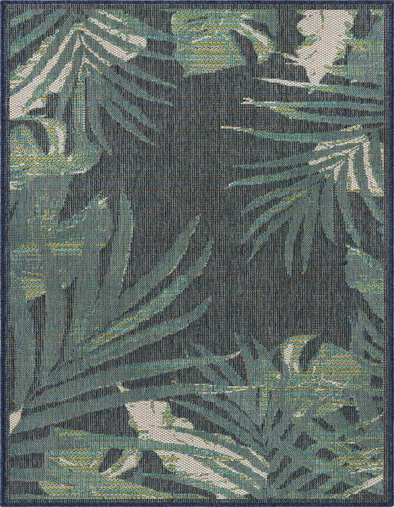 A 4x6 rectangular indoor/outdoor rug featuring a modern botanical pattern with large blue and green palm leaves on a dark navy background.