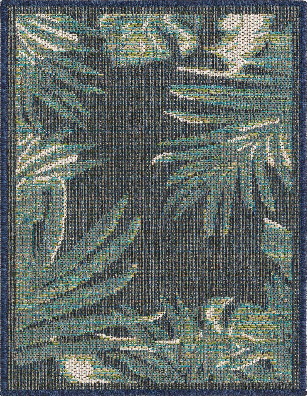 A 2x3 rectangular Baja Outdoor rug featuring a navy blue background with large, stylized botanical leaves in shades of blue, teal, and light green, with a thin blue border.