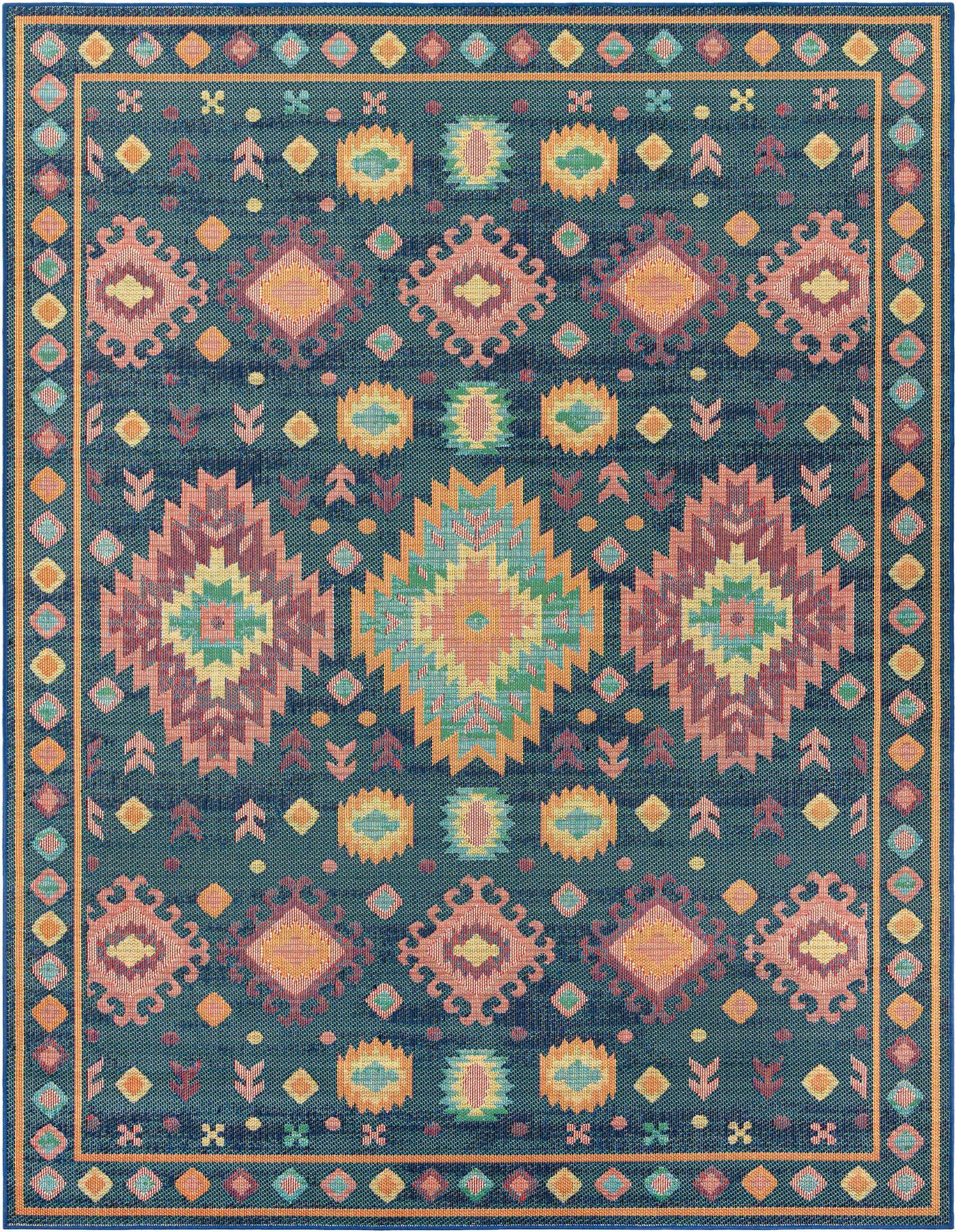 A 9x12 rectangular Baja Outdoor rug featuring a vibrant Southwestern tribal pattern in shades of blue, orange, pink, and green.