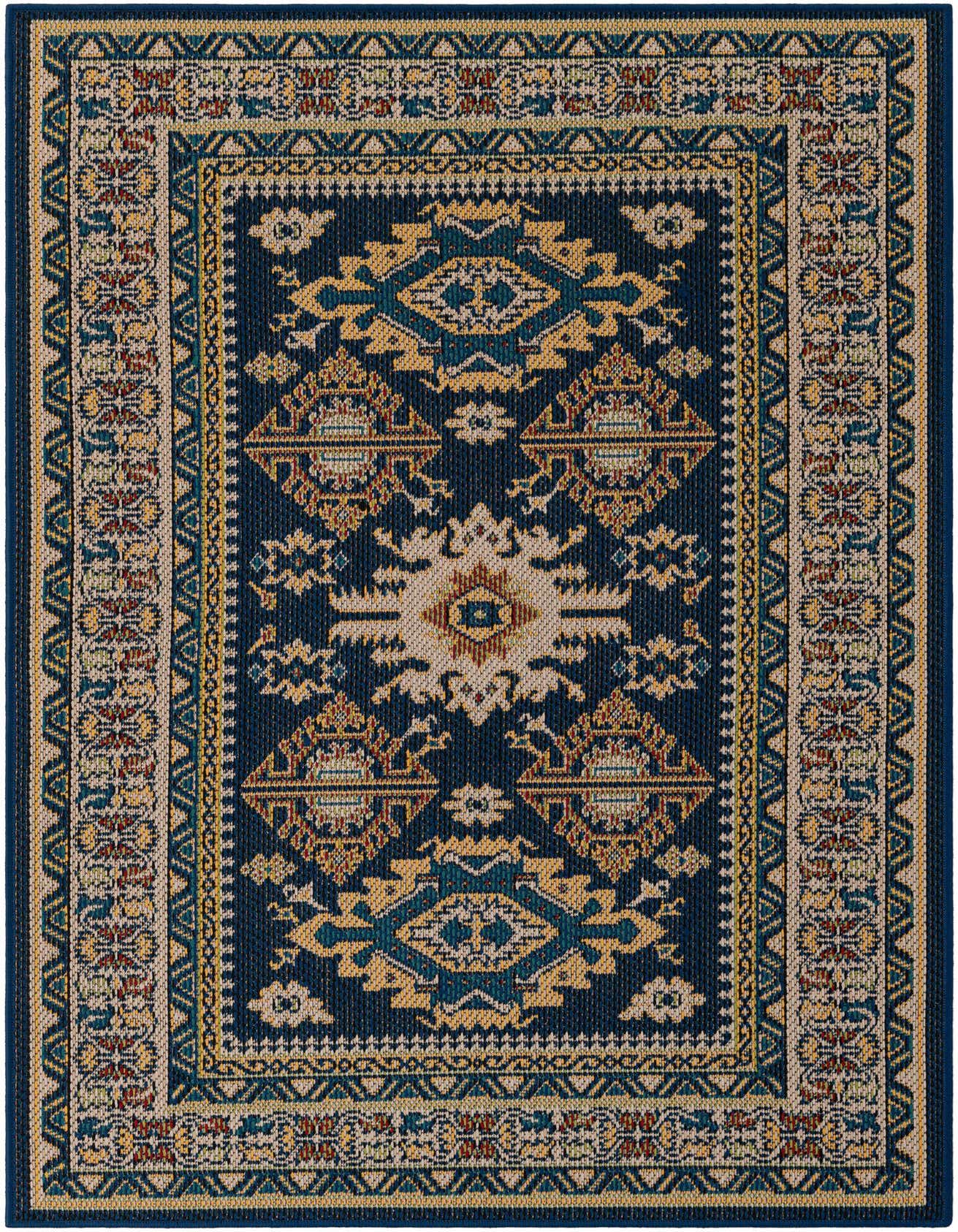 A 4x6 rectangular navy blue modern rug with a central medallion and geometric patterns in gold, teal, and beige, suitable for indoor or outdoor use.