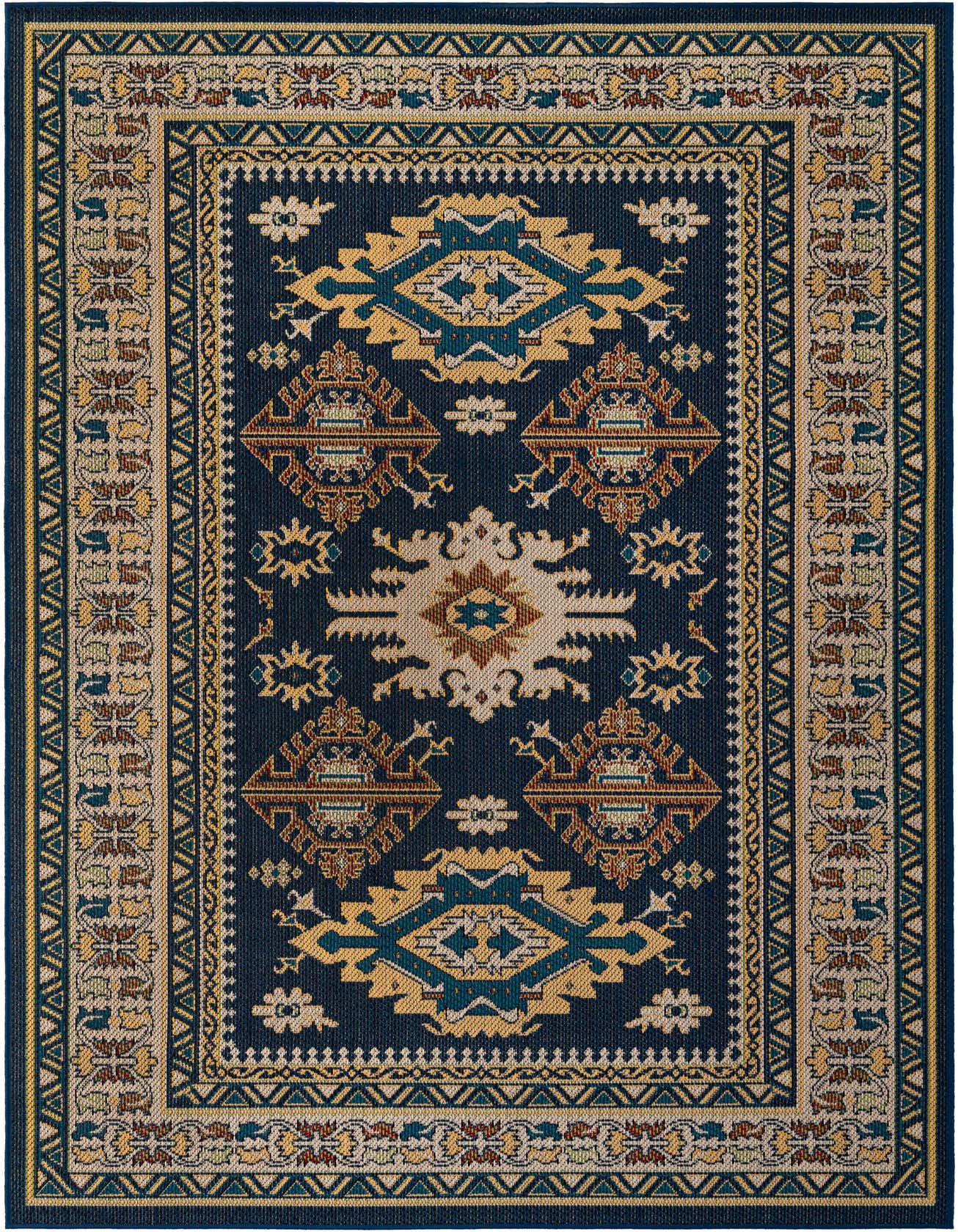 A 6x9 rectangular Baja Outdoor rug featuring a traditional Oriental pattern in navy blue, gold, and light blue.