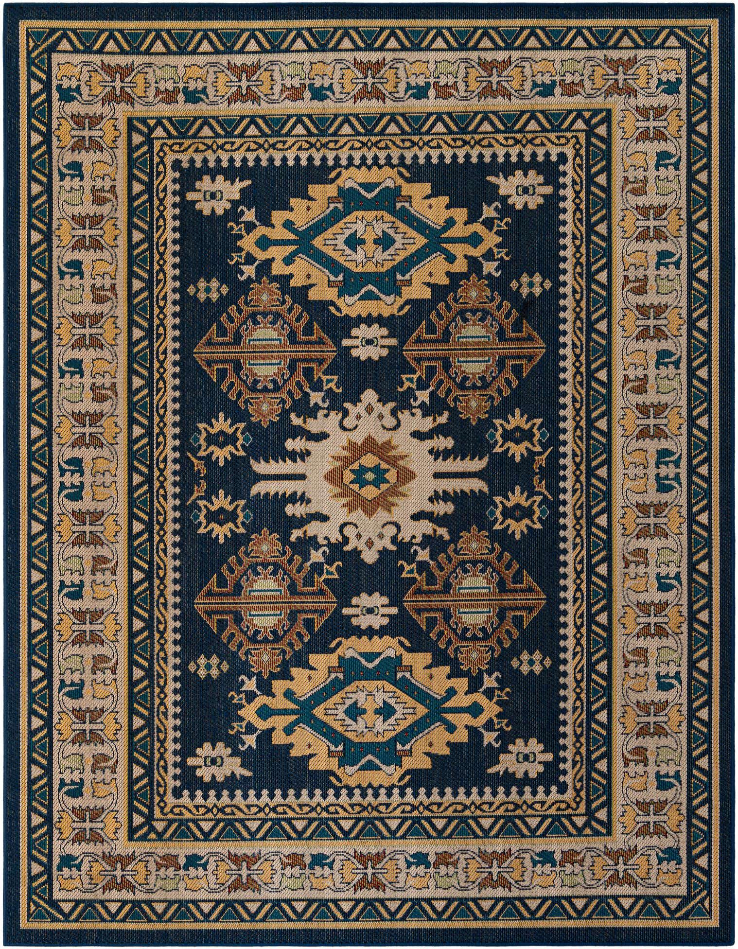 An 8x10 rectangular navy blue indoor/outdoor rug with a traditional Oriental pattern in gold, beige, and teal.