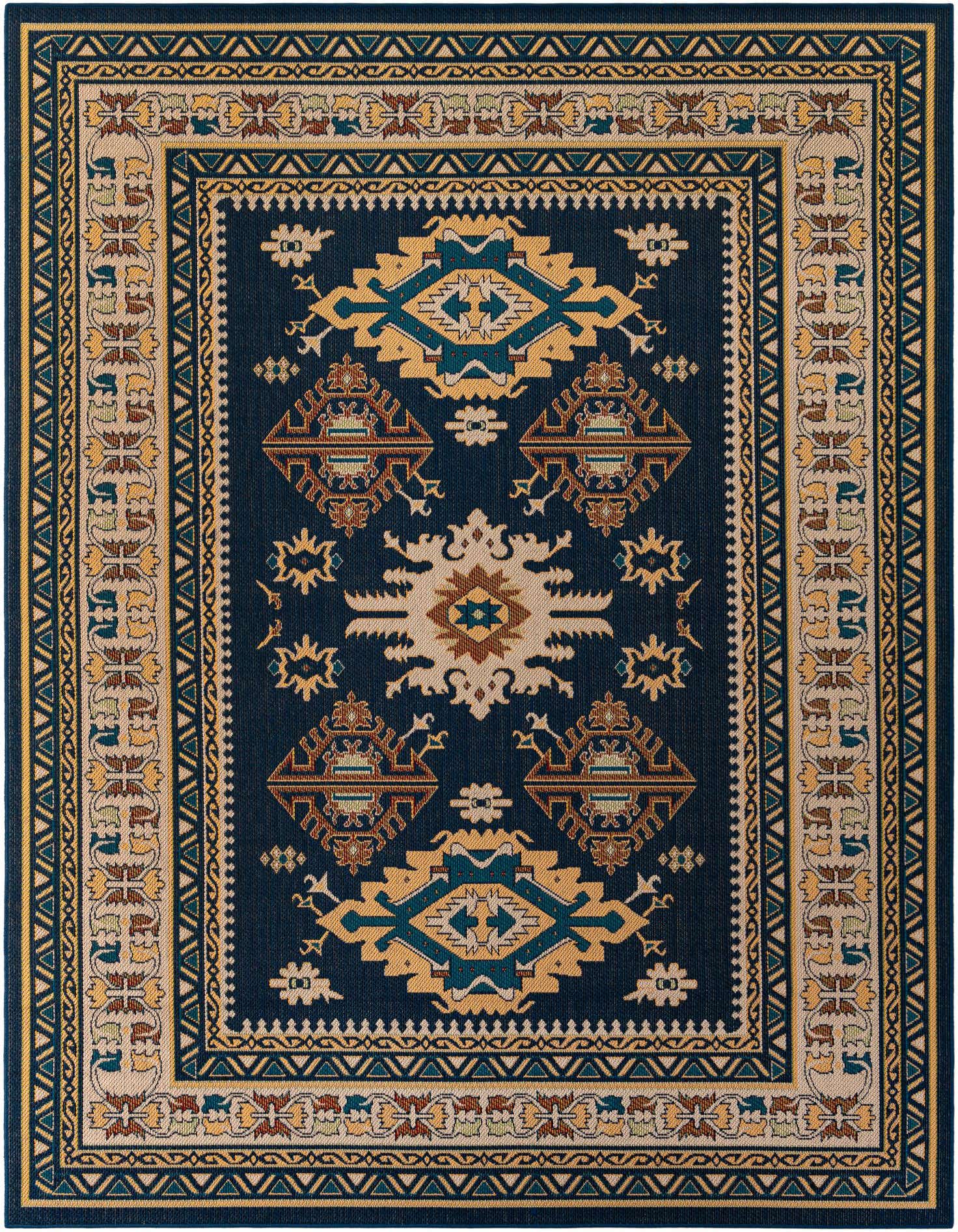A 9x12 rectangular Baja Outdoor rug featuring a traditional Oriental pattern in navy blue, gold, and cream.