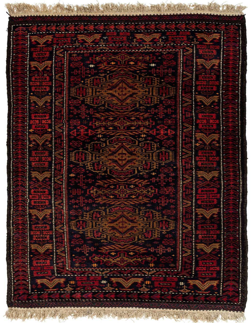 A rectangular 4x6 Balouch rug with a dark blue background and intricate tribal and medallion patterns in red and brown, featuring fringe.
