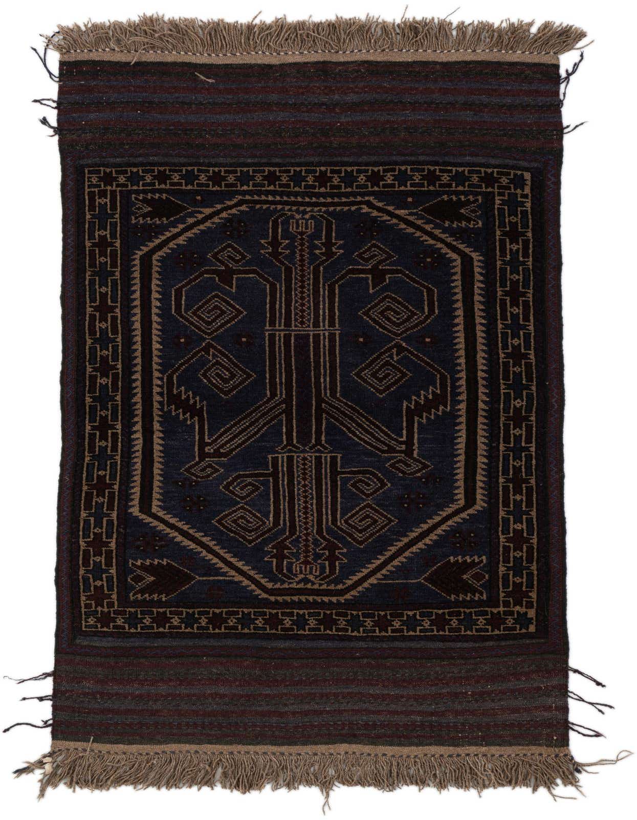 A handmade 3x5 rectangular Balouch rug featuring a deep navy blue field with intricate tribal patterns in brown and beige, finished with natural fringe.