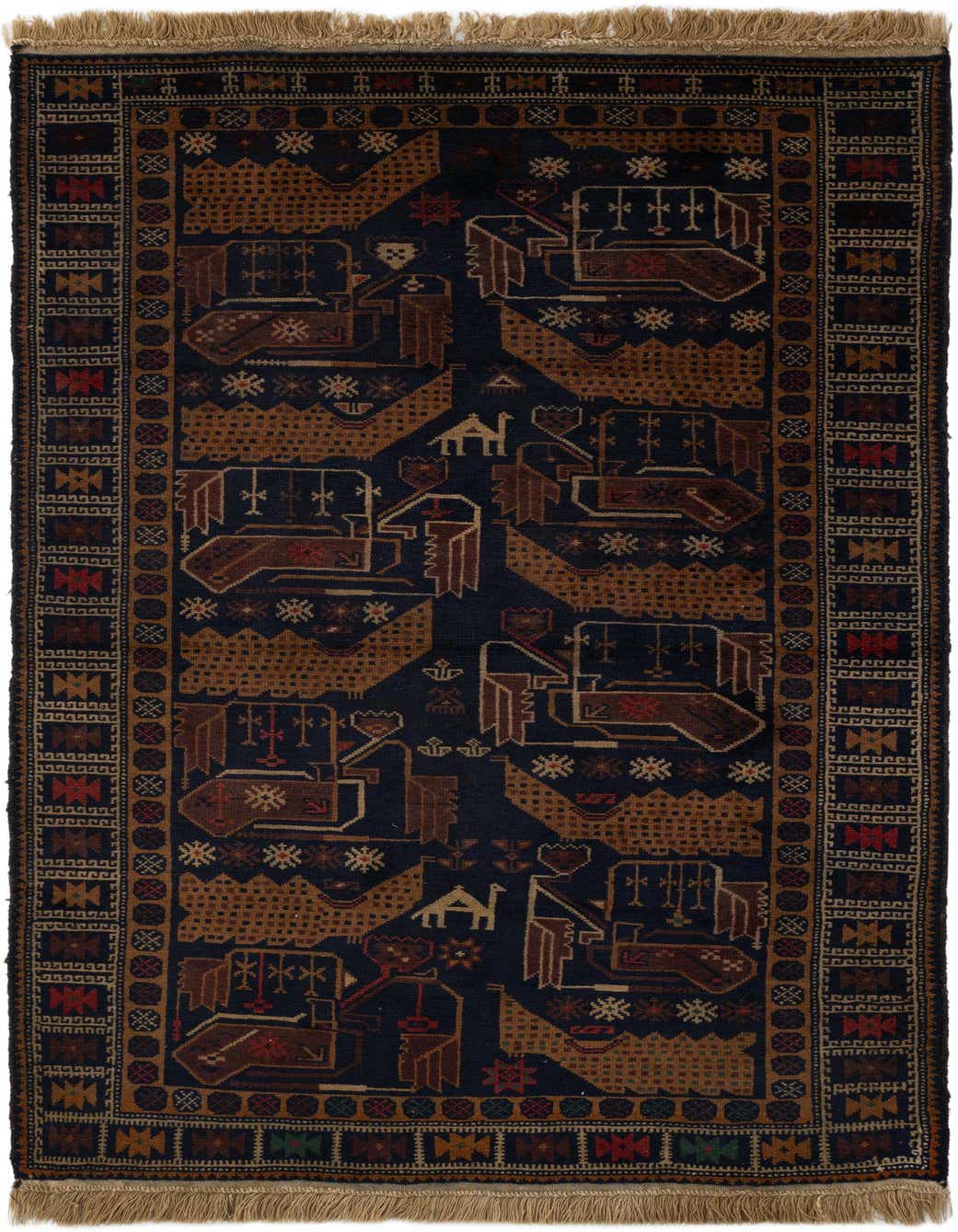 A 4x6 rectangular Balouch rug with a dark navy blue field and intricate tribal patterns in brown, gold, and red, featuring geometric shapes and stylized animal motifs.