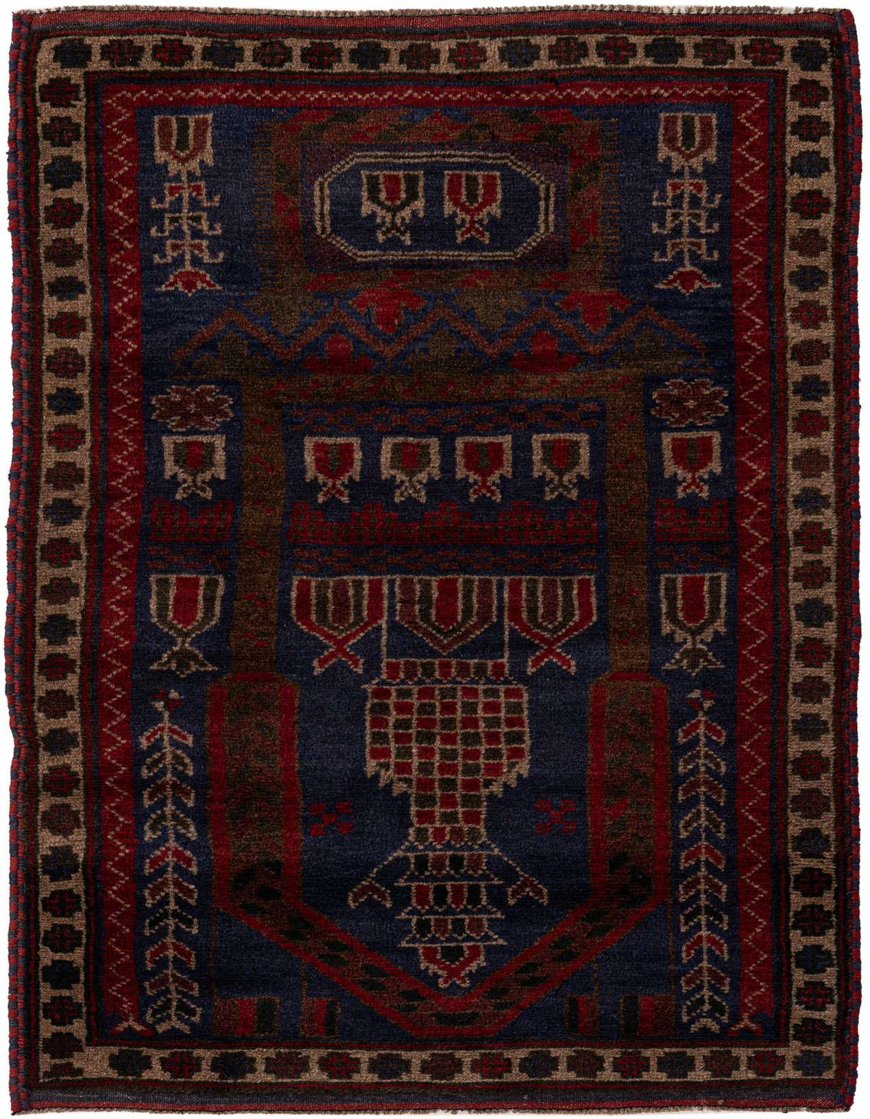 A rectangular 3x5 Balouch wool rug with a deep navy blue background and intricate traditional Persian and tribal patterns in red, brown, and tan.