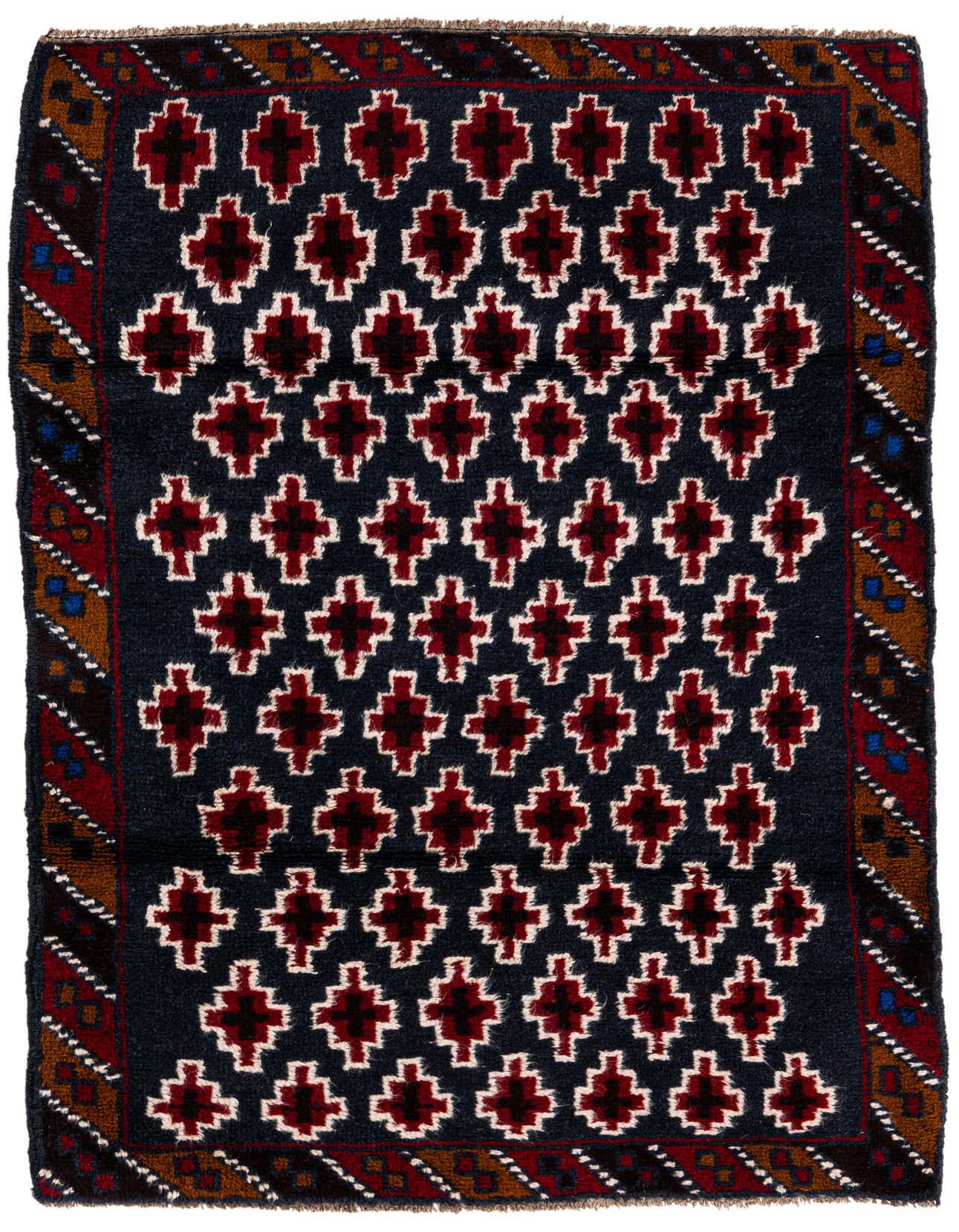 A 3x4 rectangular Balouch rug with a navy blue field and repeating red, black, and white tribal geometric patterns, framed by a multi-colored border.