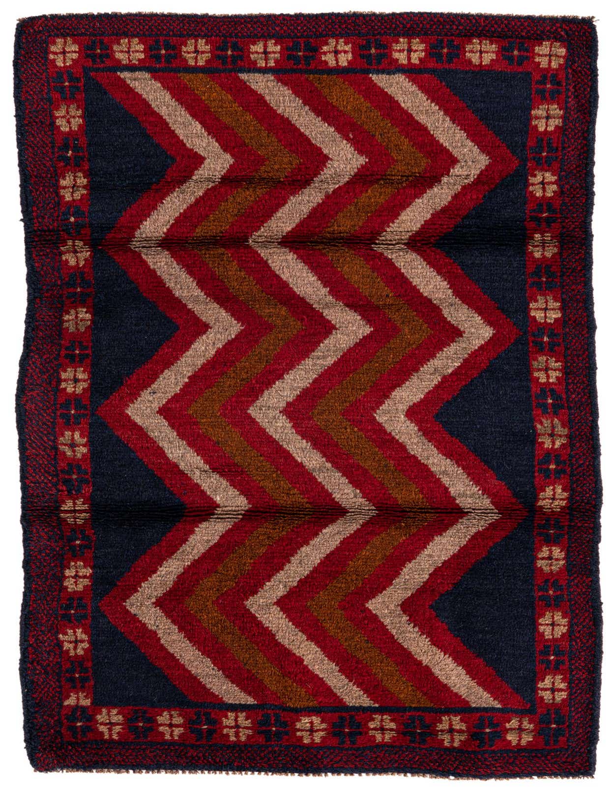 A 3x5 rectangular Balouch rug with a navy blue field, red, brown, and beige chevron stripes, and a traditional red border with floral motifs.