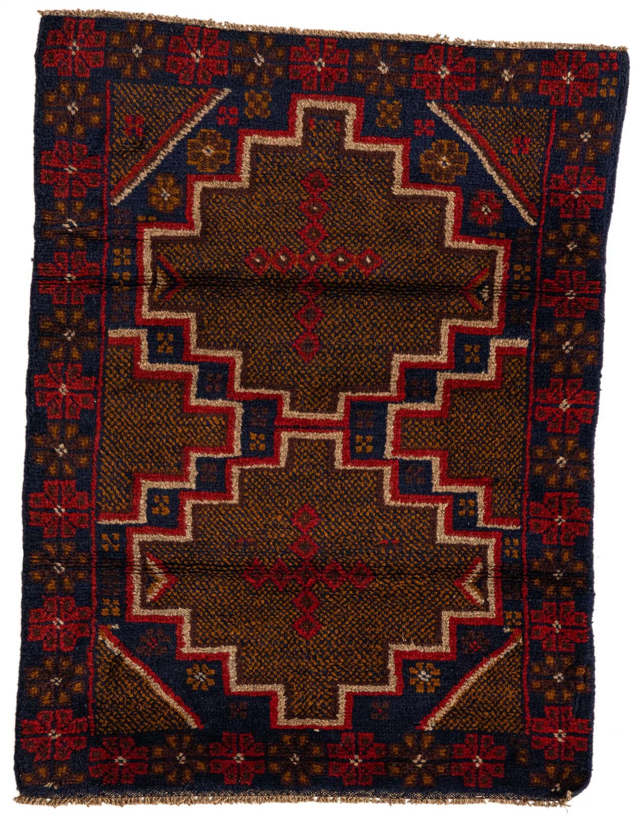 A 3x5 rectangular Balouch rug with a traditional tribal pattern in navy blue, brown, red, and beige.